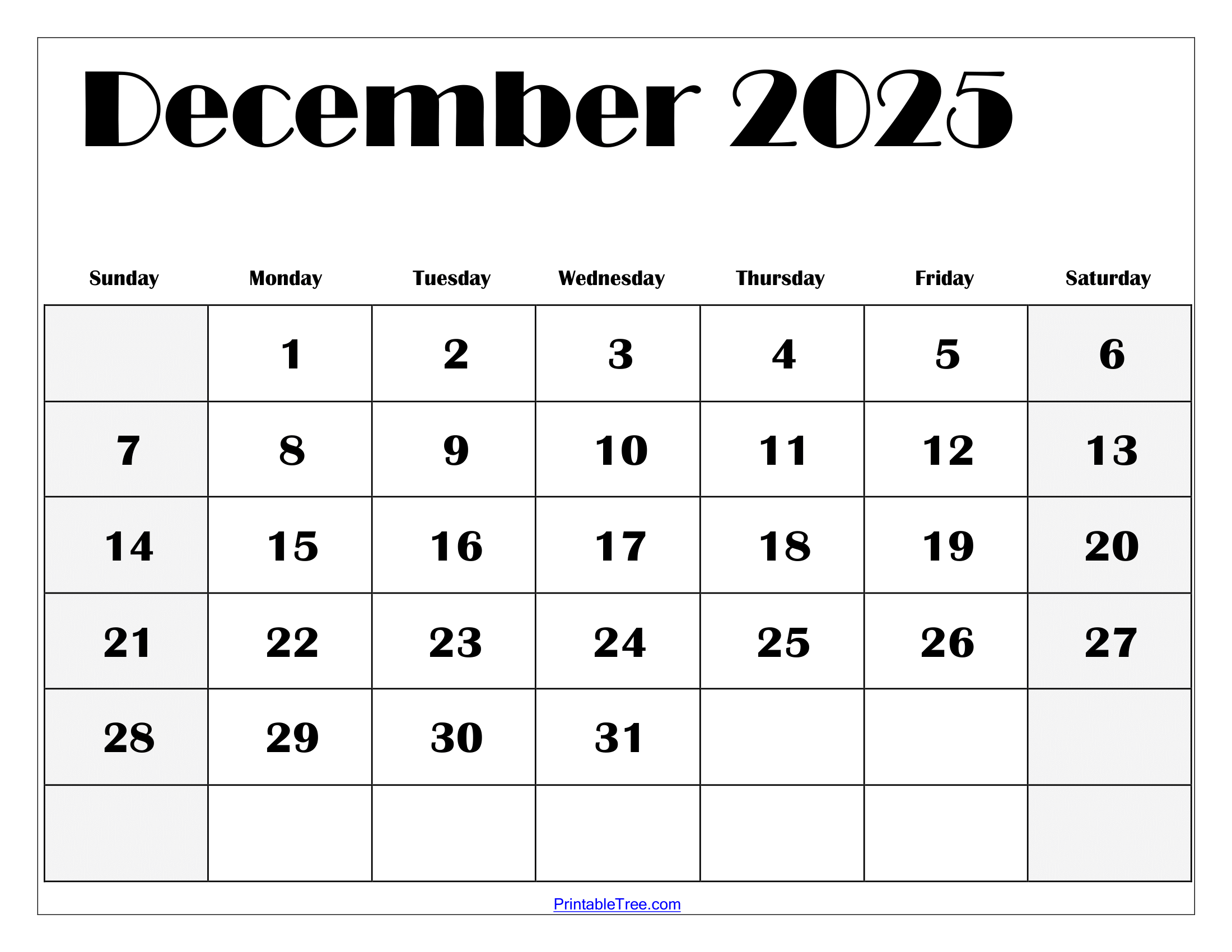 December Calendar Printable 2025