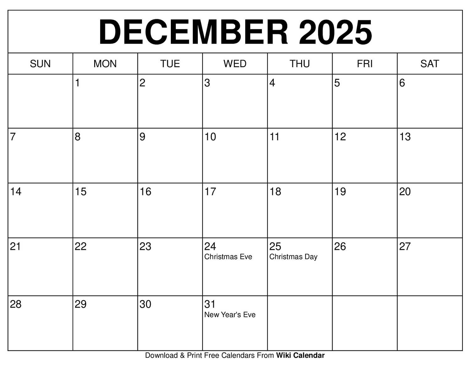 December 2025 Calendar Word