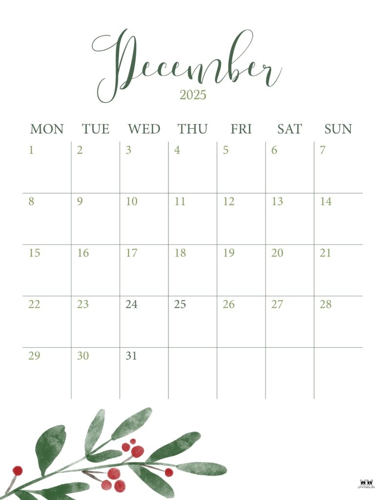 December 2025 Calendar Starting Monday