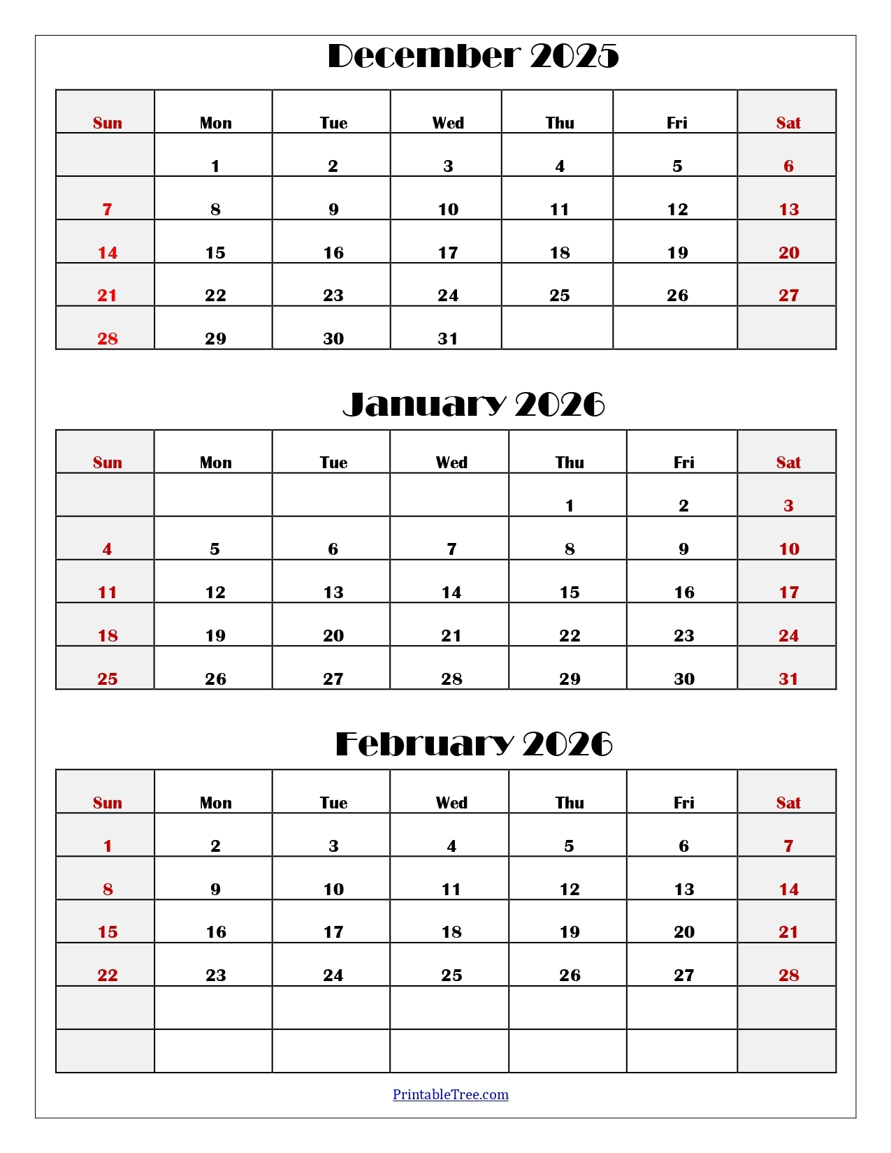 December 2025-January 2026 Calendar