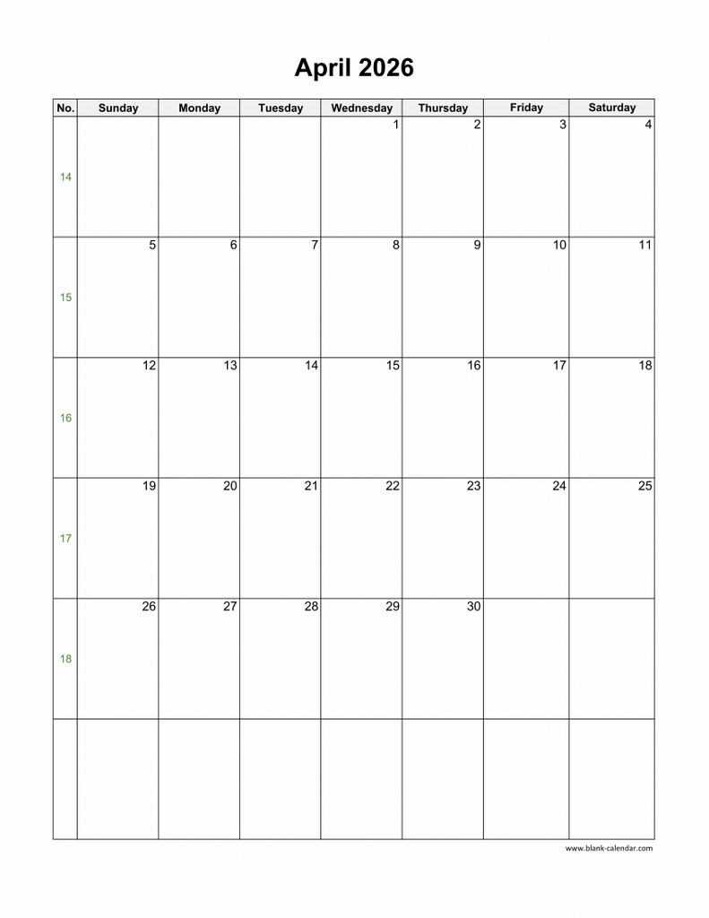 Download April 2026 Blank Calendar With US Holidays vertical 