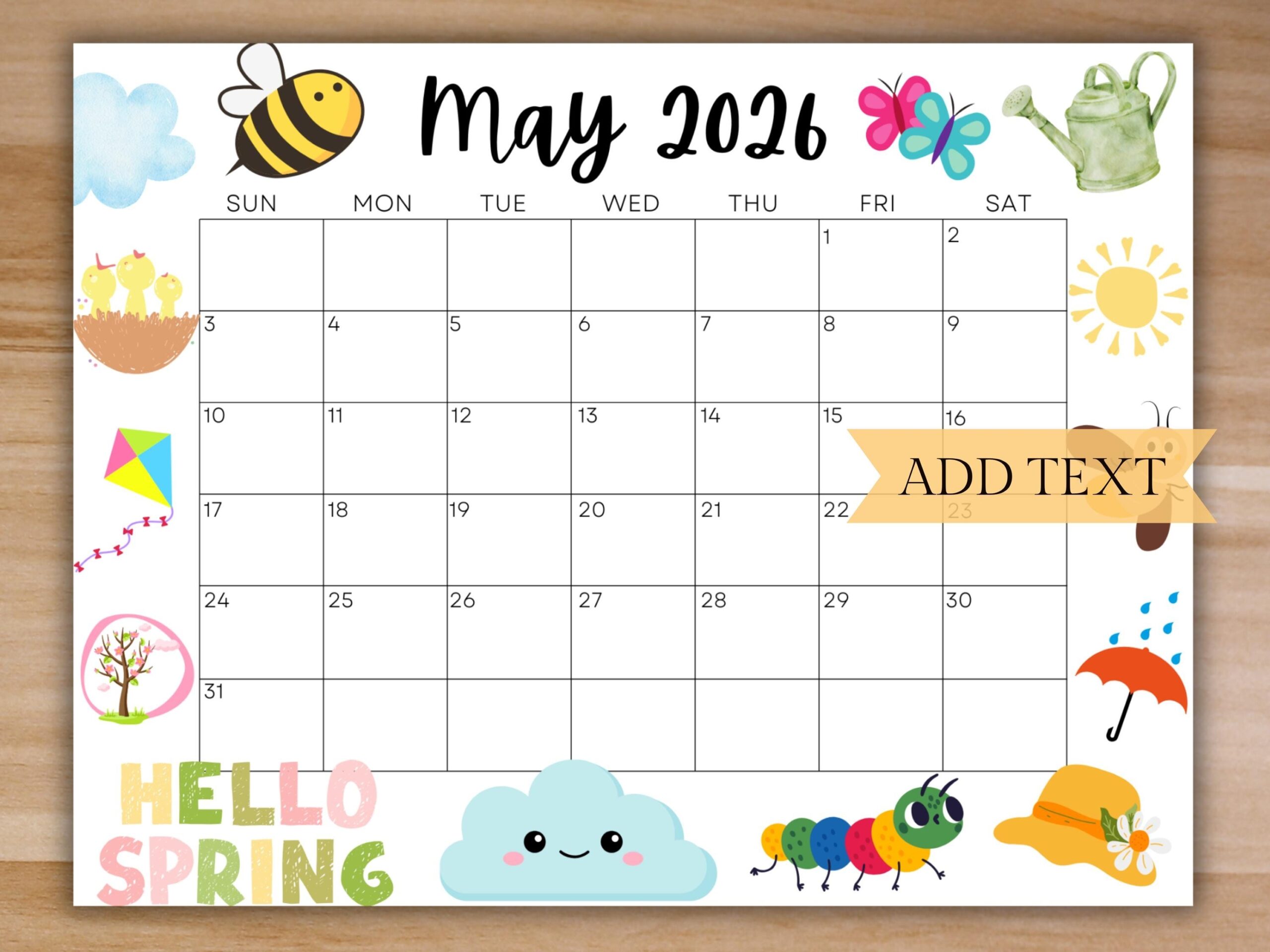 EDITABLE May 2026 Calendar Printable Calendar 2026 Cute Spring Calendar With Bees And Flower Monthly Calendar Family Calendar For School Etsy