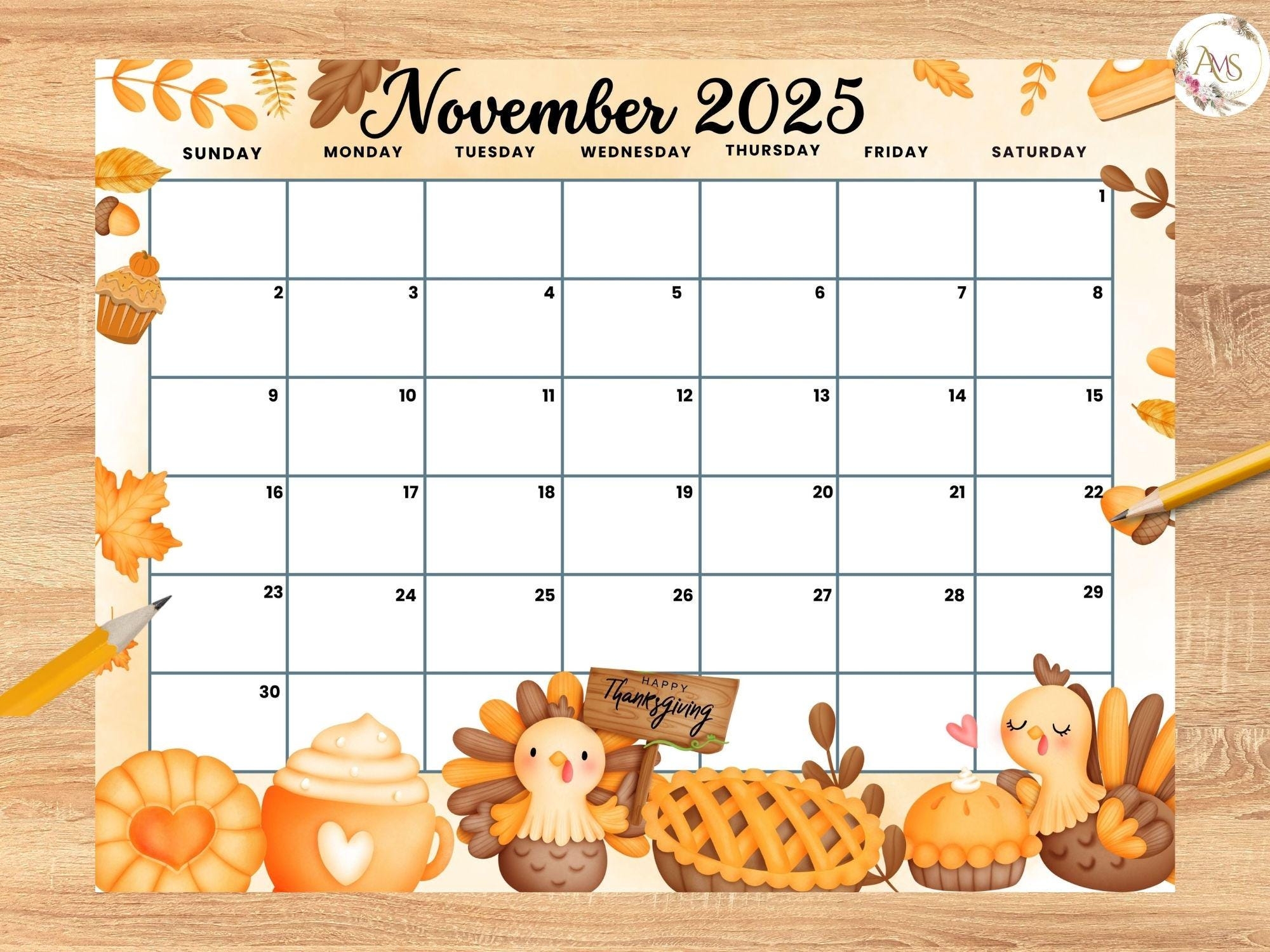 November 2025 Calendar Thanksgiving Theme