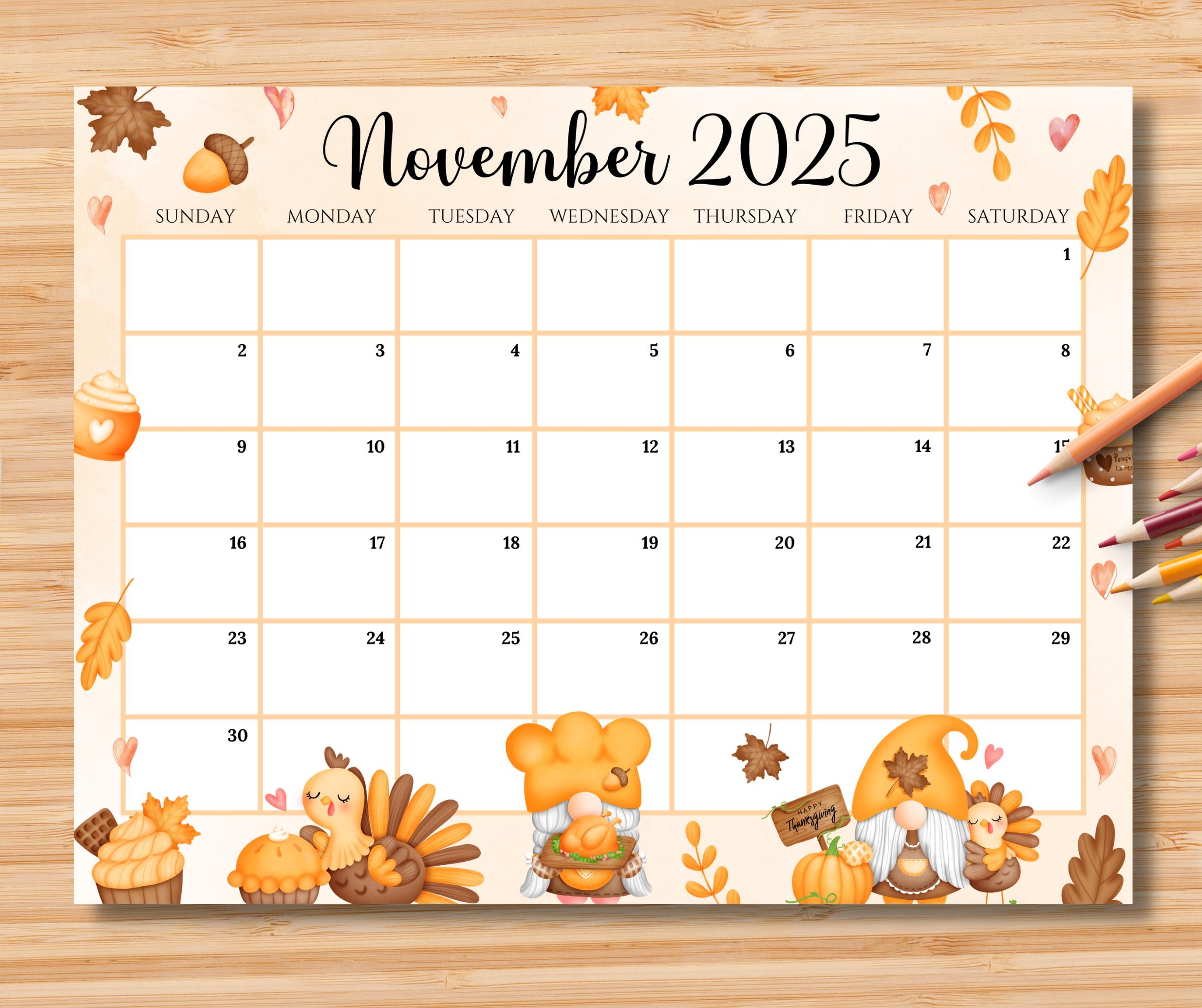 EDITABLE November 2025 Calendar Happy Thanksgiving With Cute Gnomes Turkey Printable Monthly Schedule For Kids School Home Office Work Etsy Hong Kong