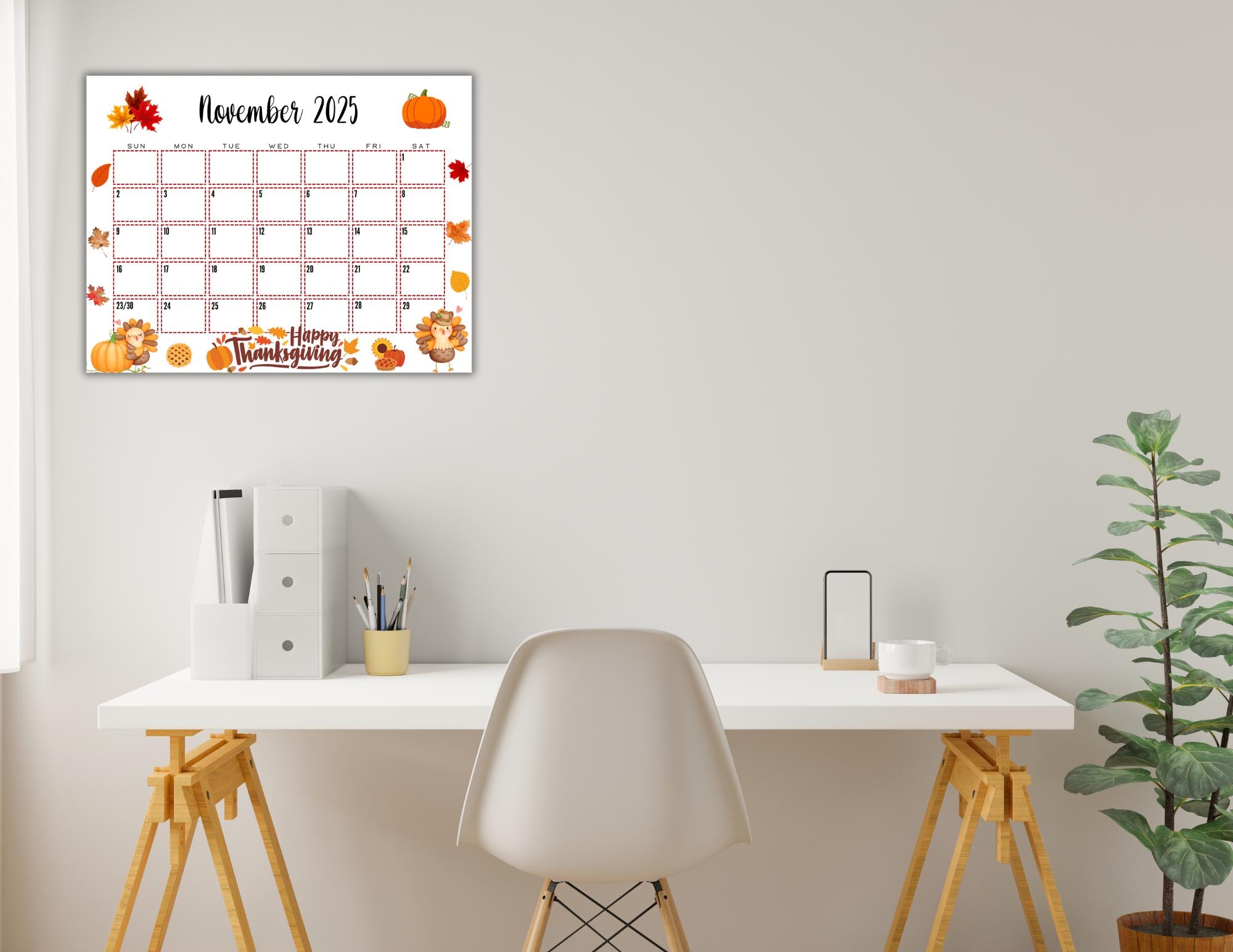 EDITABLE Printable November Calendar 2025 Cute Turkey Thanksgiving Calendar W Watercolor Fall Leaves 2025 Wall Calendar Fillable Etsy