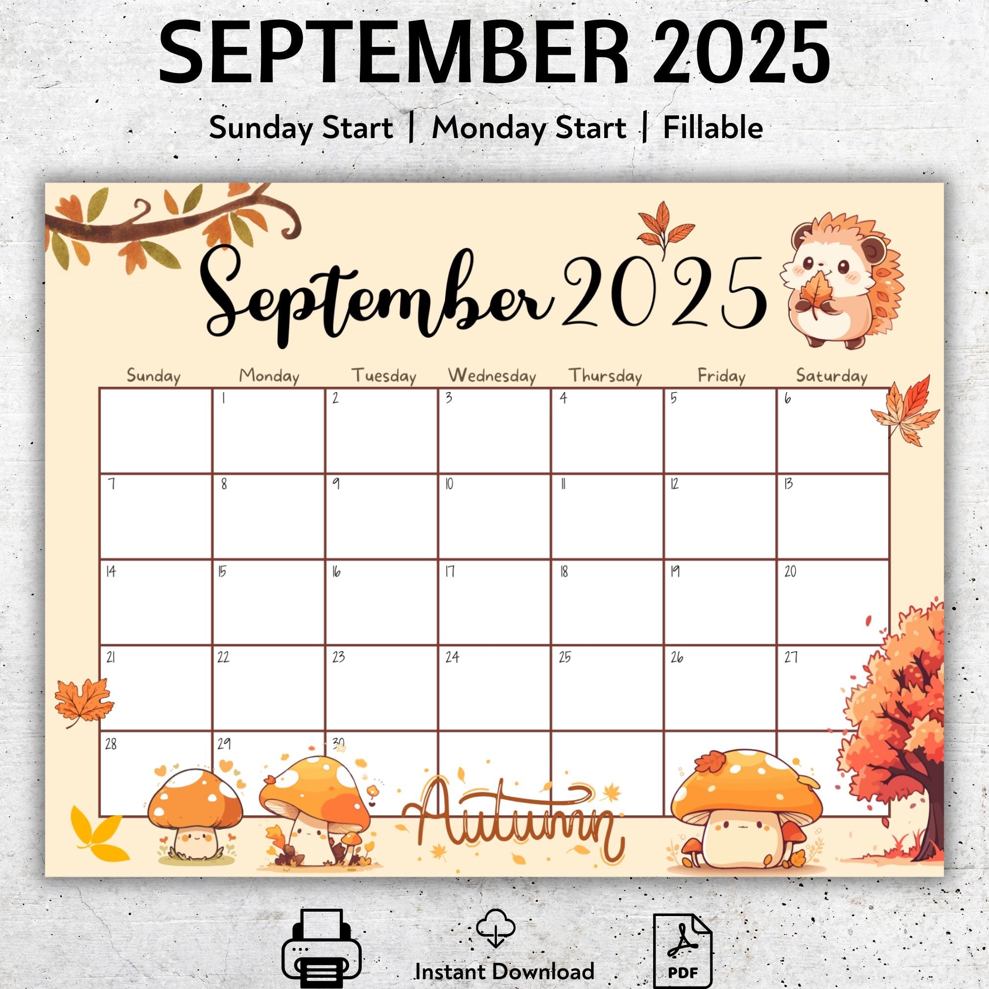 EDITABLE September 2025 Calendar Autumn Colors Printable Fillable September Planner Homeschool Calendar Beautiful Fall Cute Mushrooms Etsy