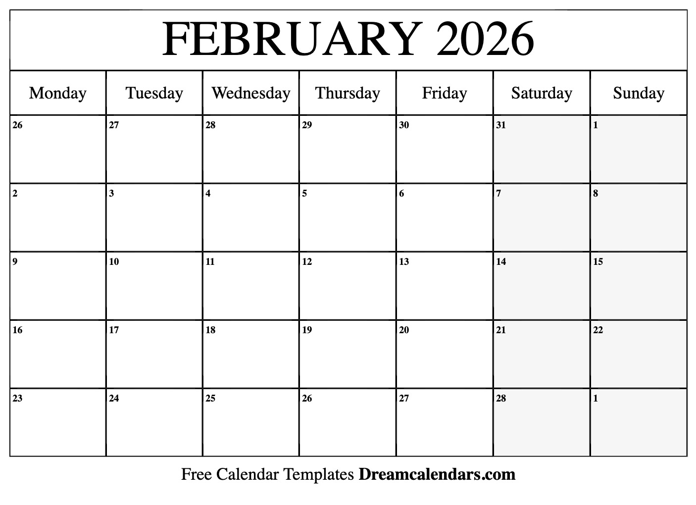 Blank Calendar For February 2026