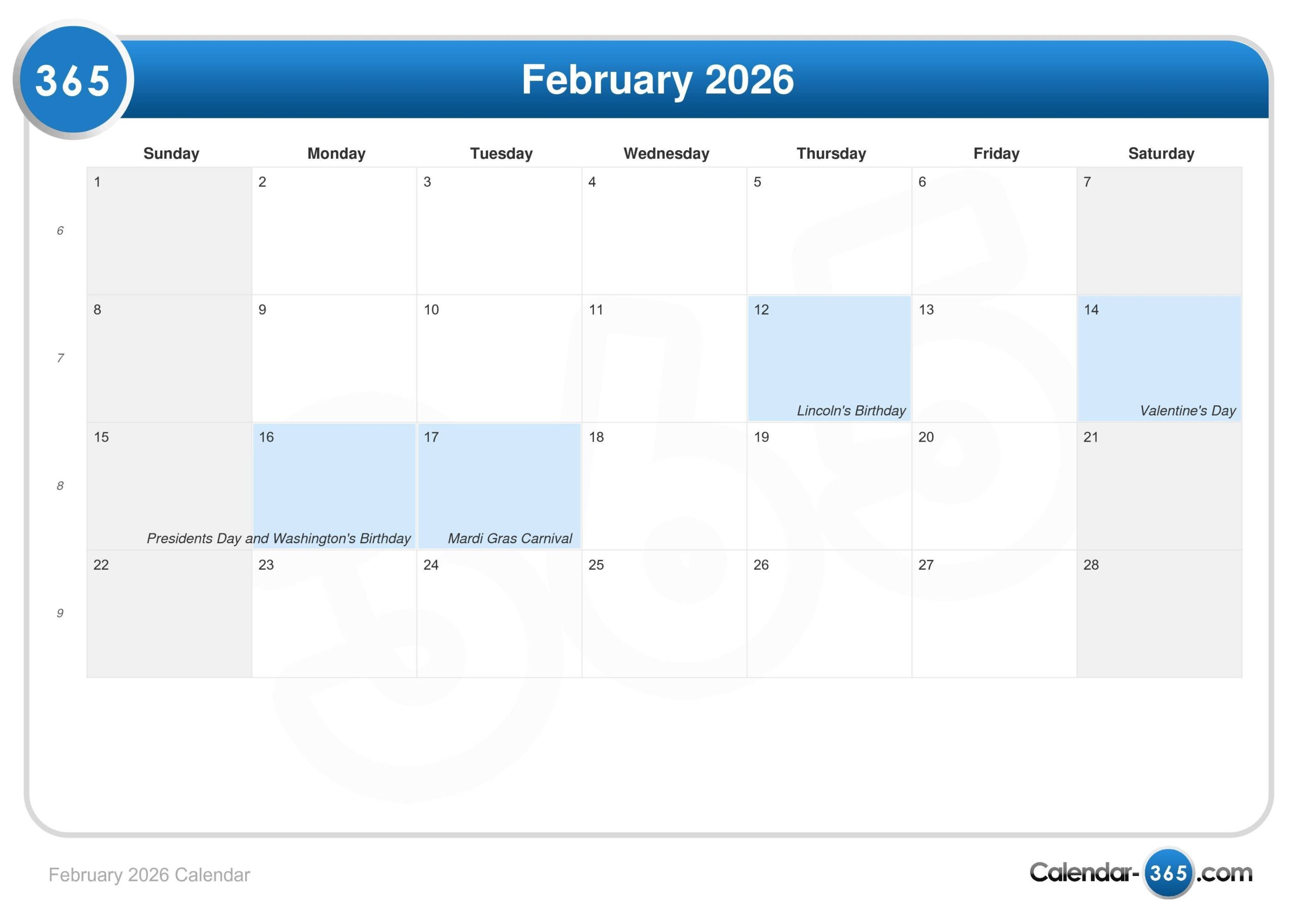 February 2026 Calendar Leap Year