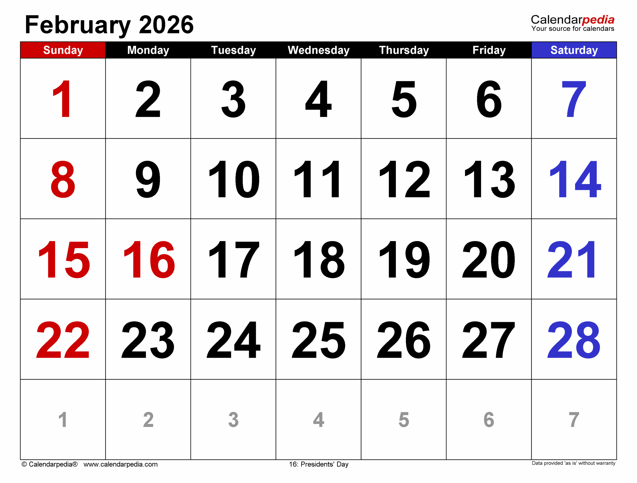 February 2026 Calendar Printable