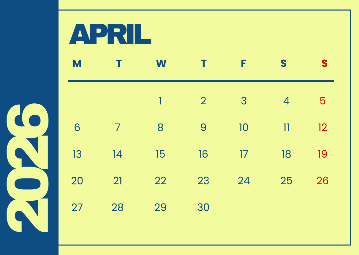April 2026 Calendar Monday Start