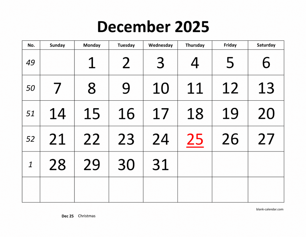 Free Download Printable December 2025 Calendar Large Font Design Holidays On Red