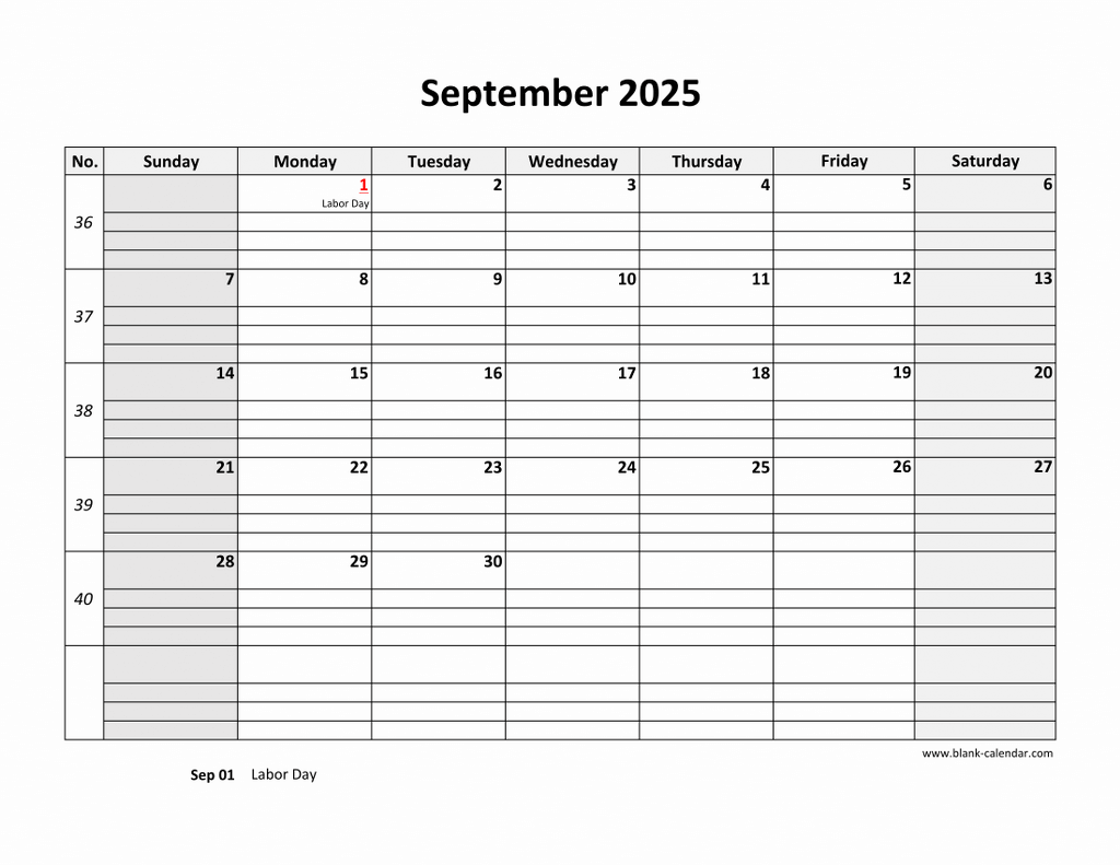 Free Download Printable September 2025 Calendar Large Box Grid Space For Notes