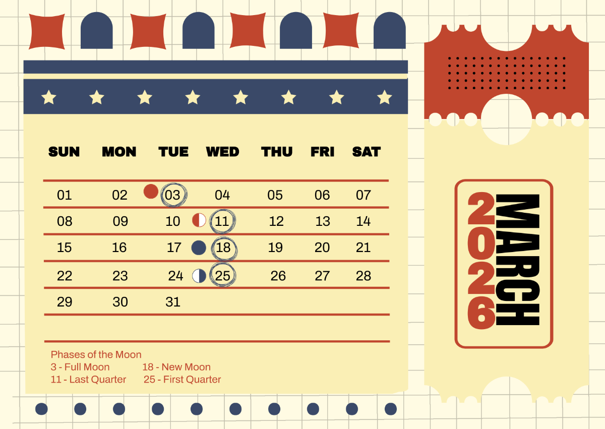 Free Large March 2026 Calendar Template To Edit Online
