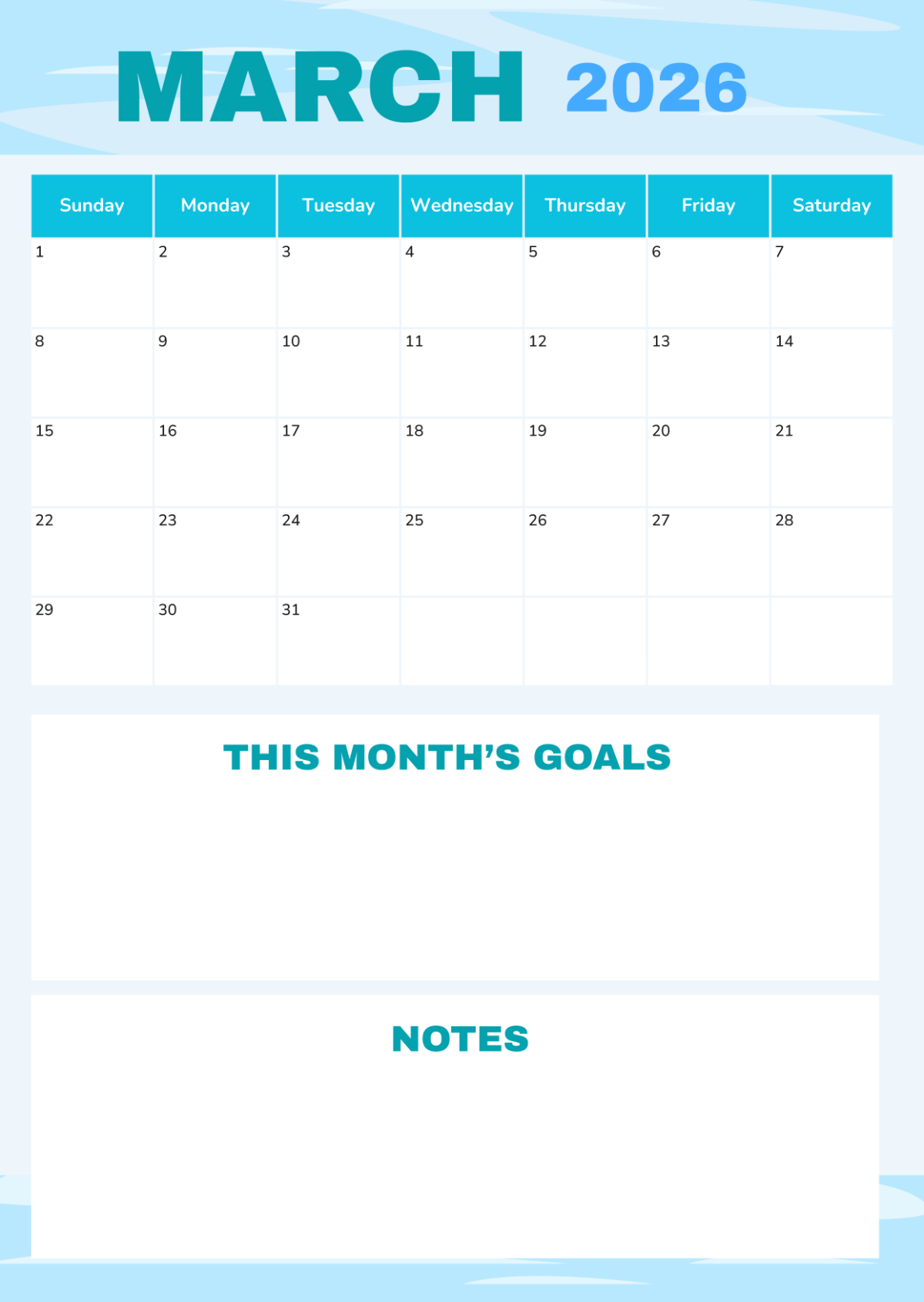 Fillable Calendar March 2026
