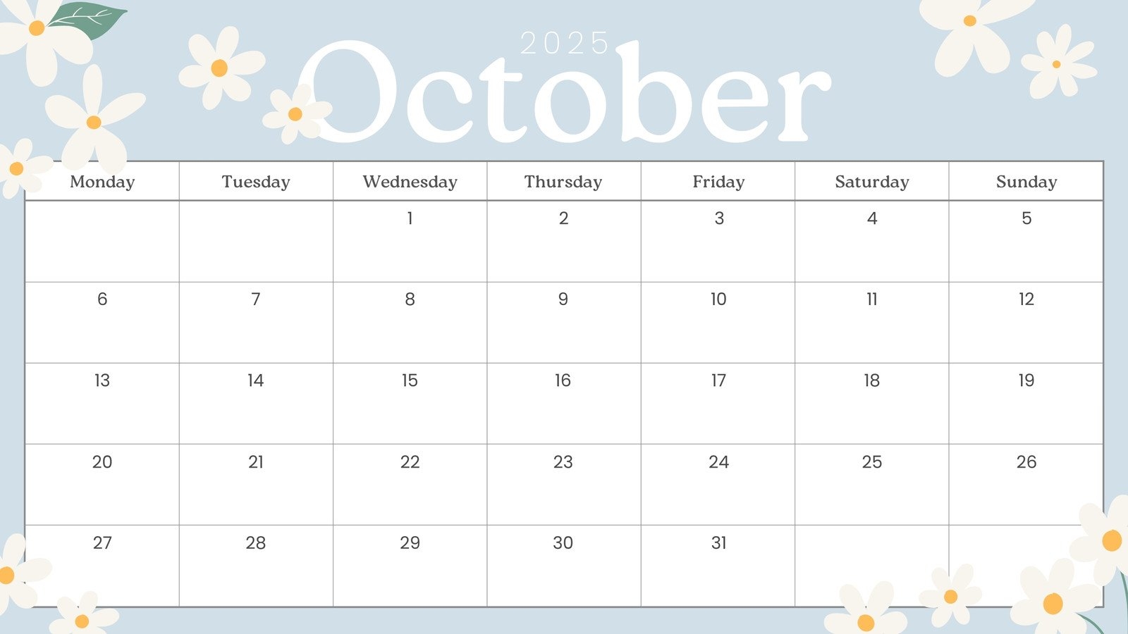 Oct Monthly Calendar 2025