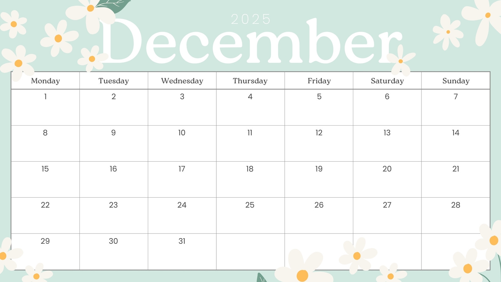 Monthly Calendar December 2025