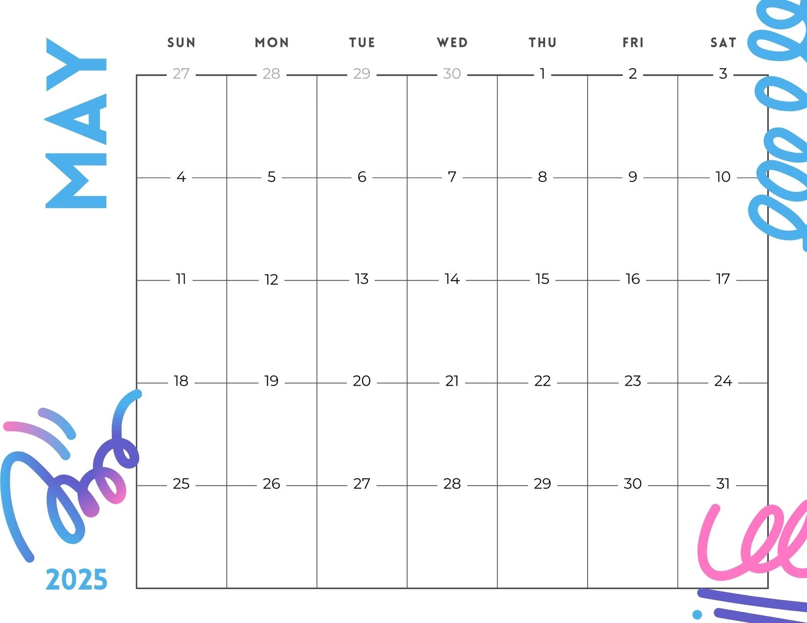 Free To Edit And Print May 2025 Calendar Templates Canva