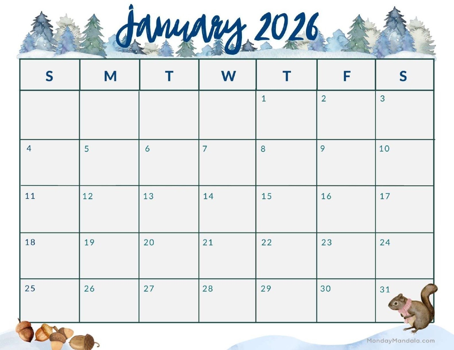 Print Calendar January 2026
