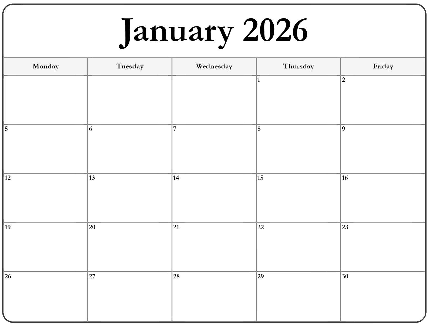 January 2026 Monday Calendar Monday To Sunday