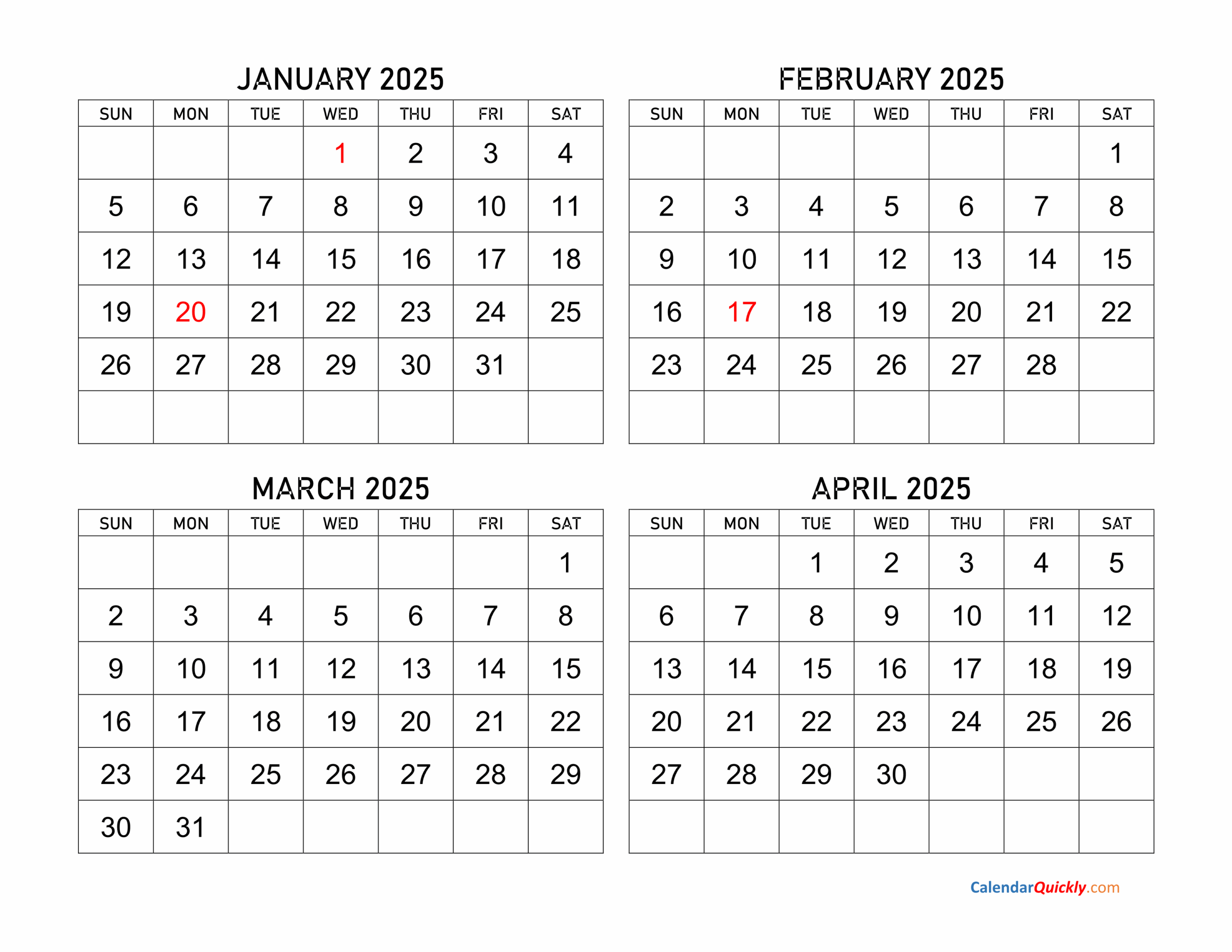 January To April 2025 Calendar Calendar Quickly