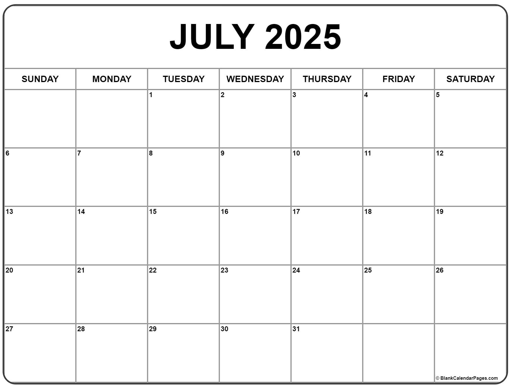 July Calendar 2025 Free Printable