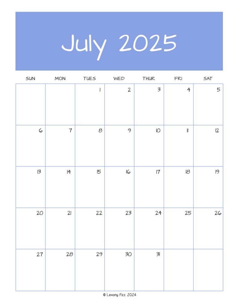 July 2025 Monthly Calendar To Print