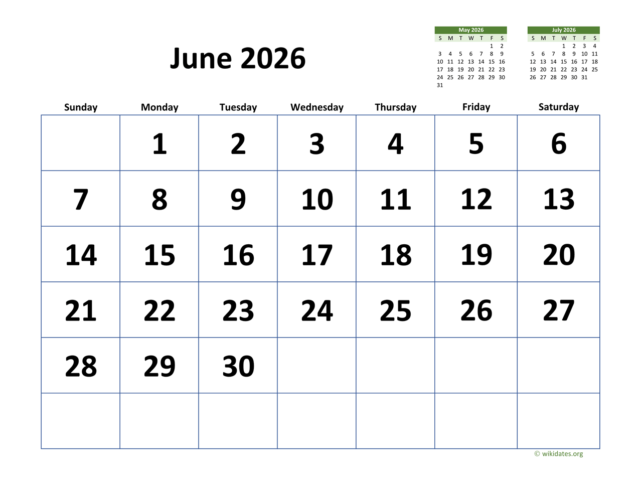 May June Calendar 2026