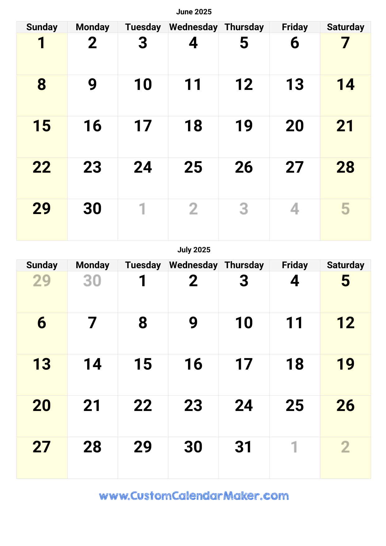 June And July Calendar 2025