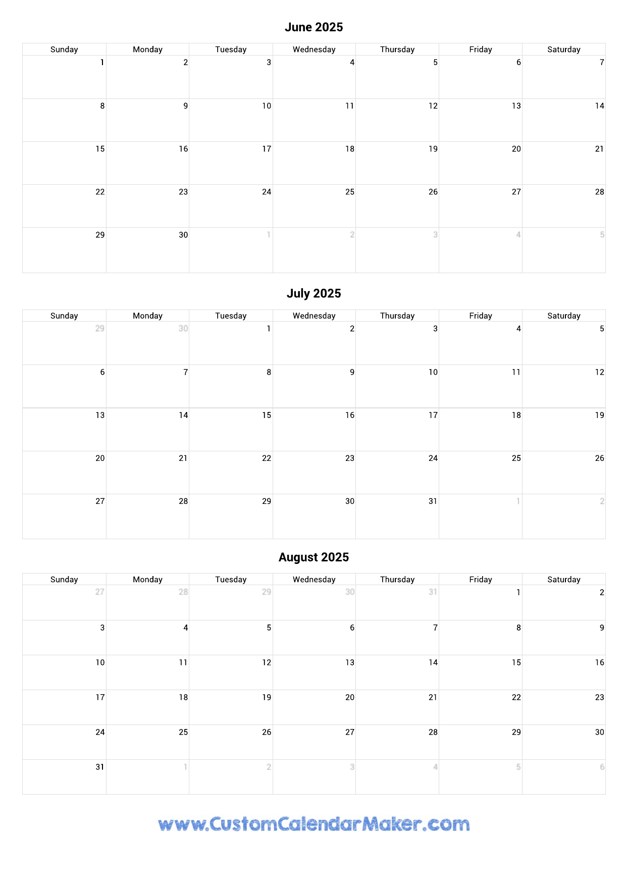 Calendar 2025 June July August