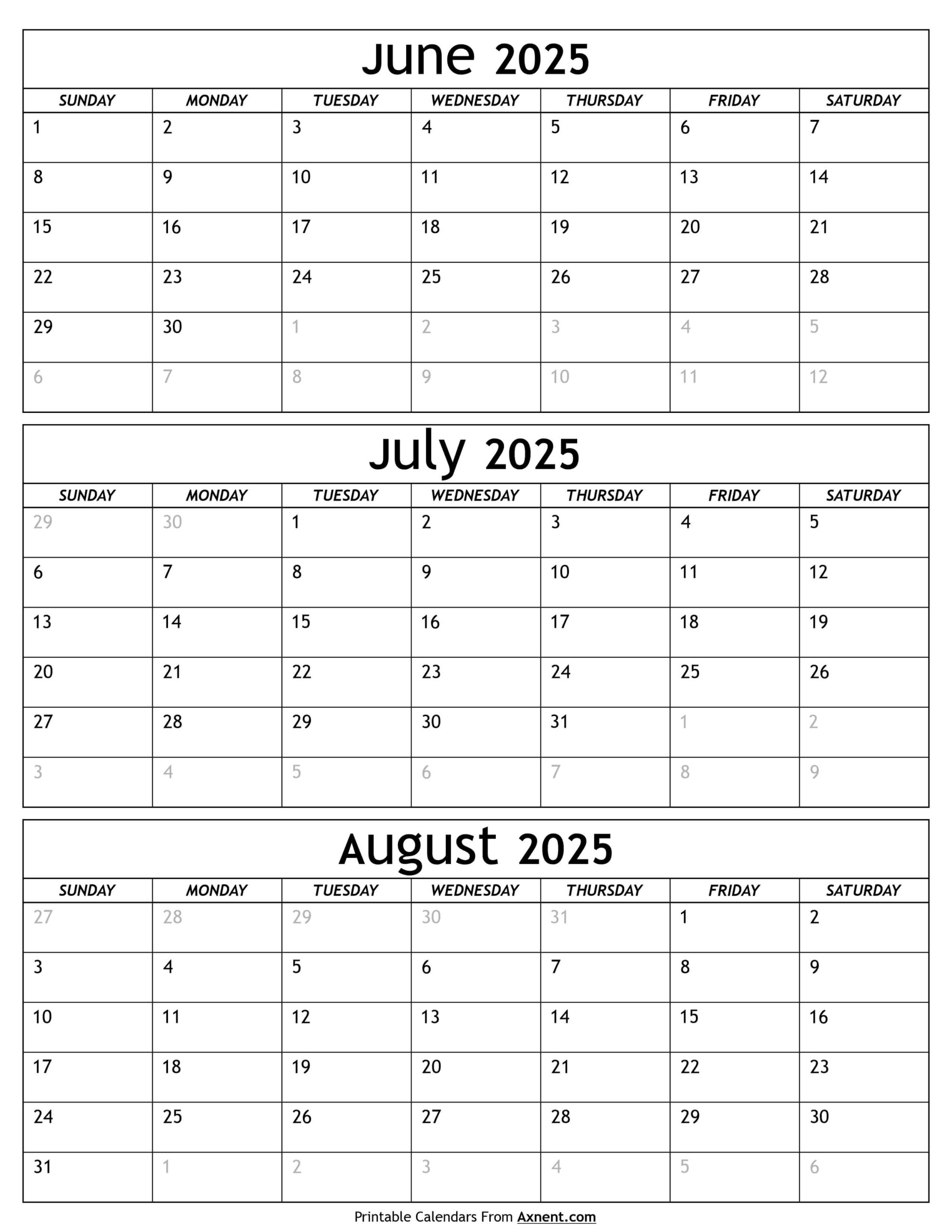 June To August Calendar 2025 Templates Three Months