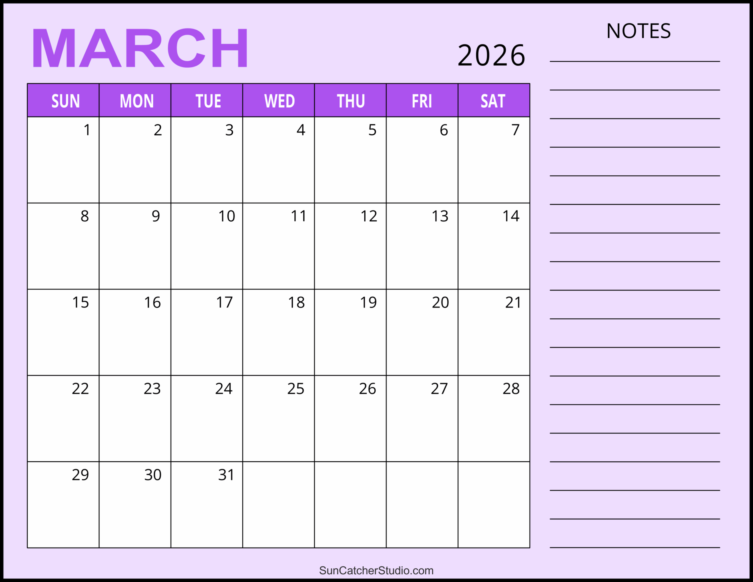 Blank March 2026 Calendar Printable Pdf
