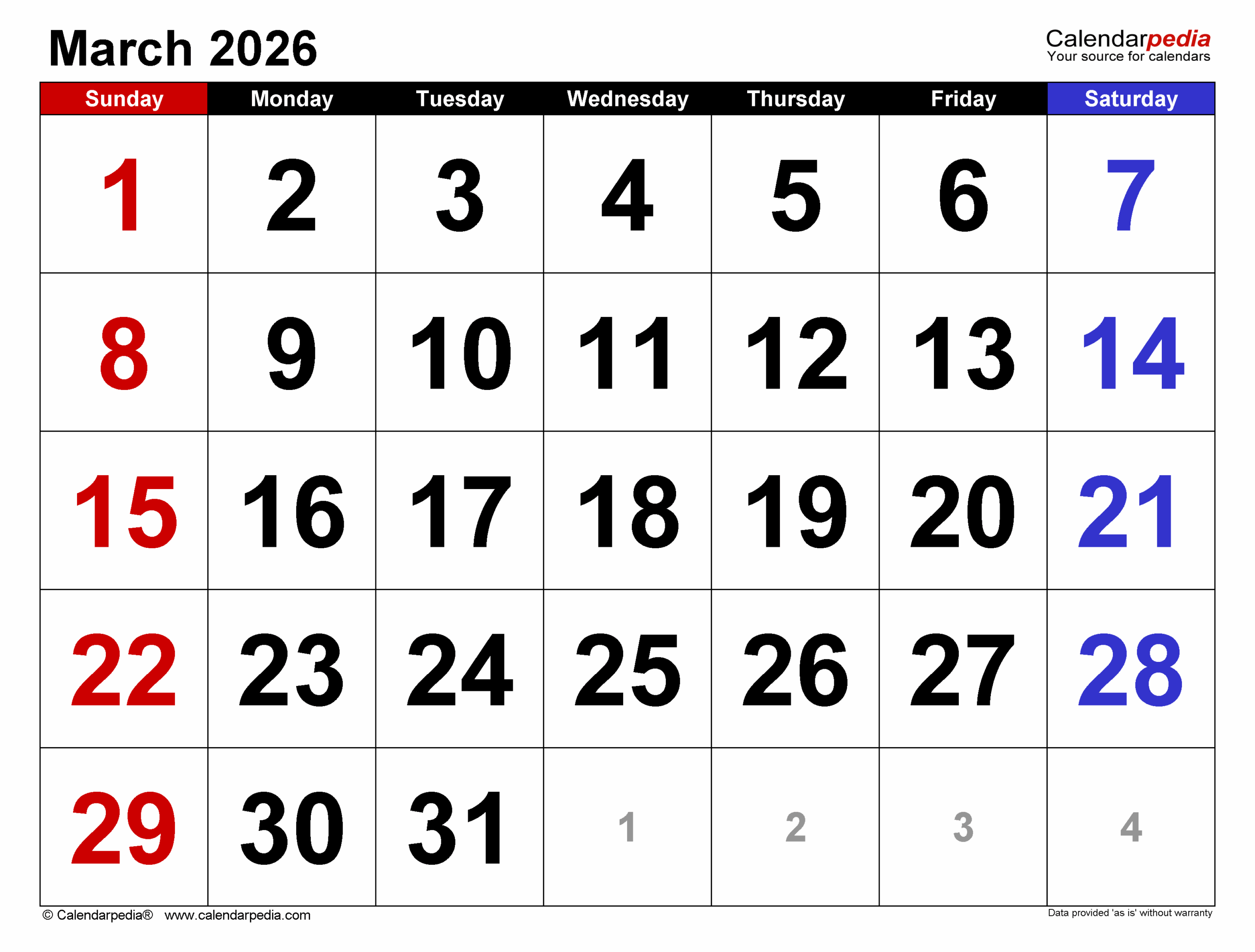 March Calendar 2026 Editable
