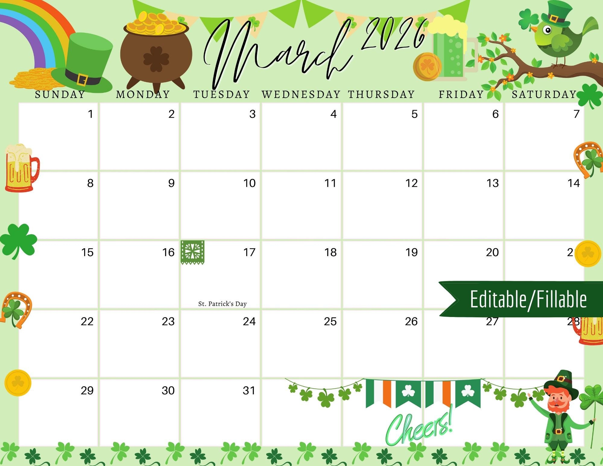 March 2026 Digital Calendar light Green St Patrick s Day Planner Editable Fillable Printable Calendar For Planning pdf PNG And JPG Download Etsy