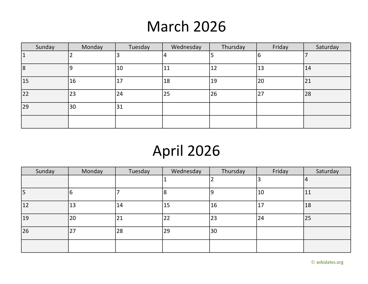March April May Calendar 2026