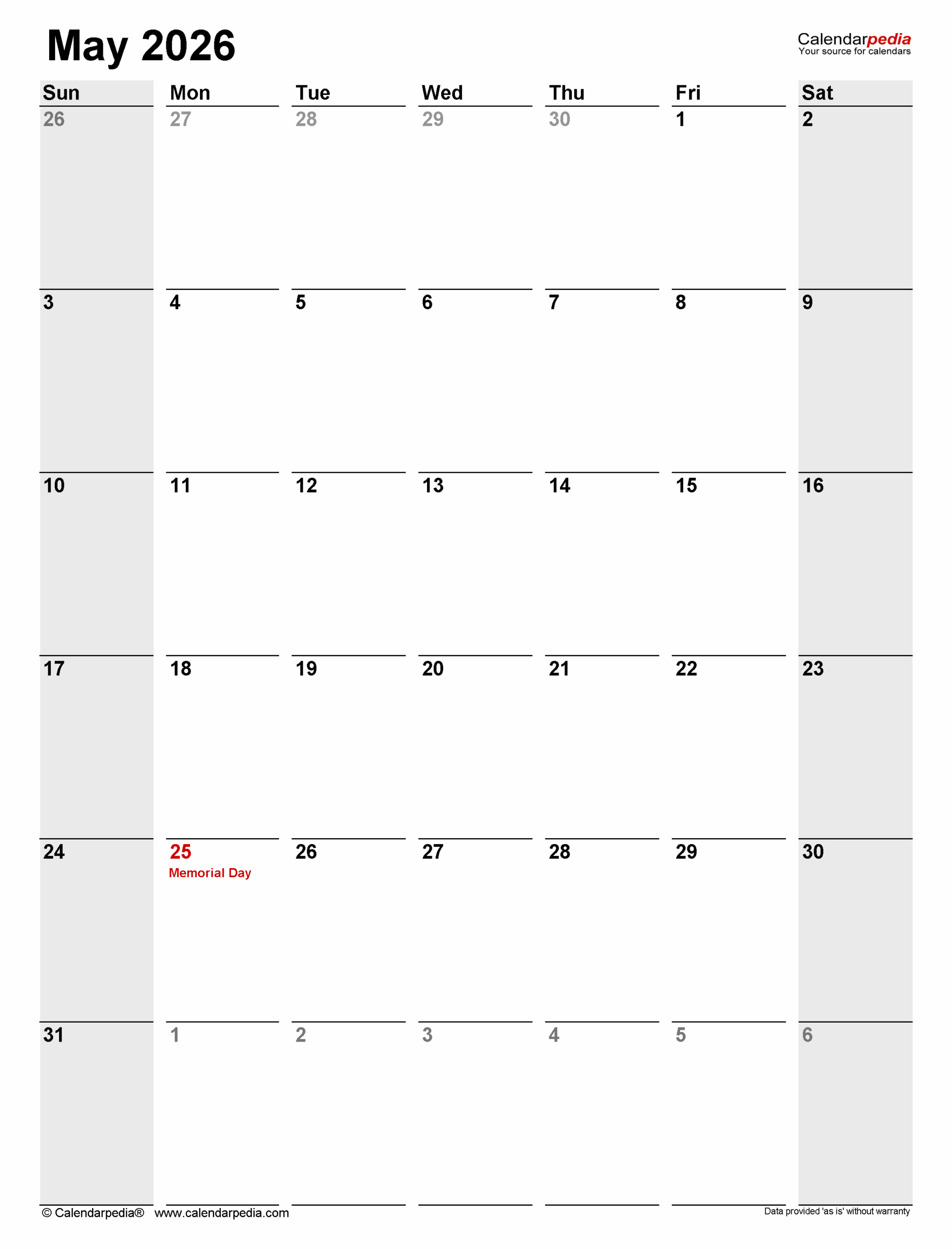 Fillable Calendar May 2026