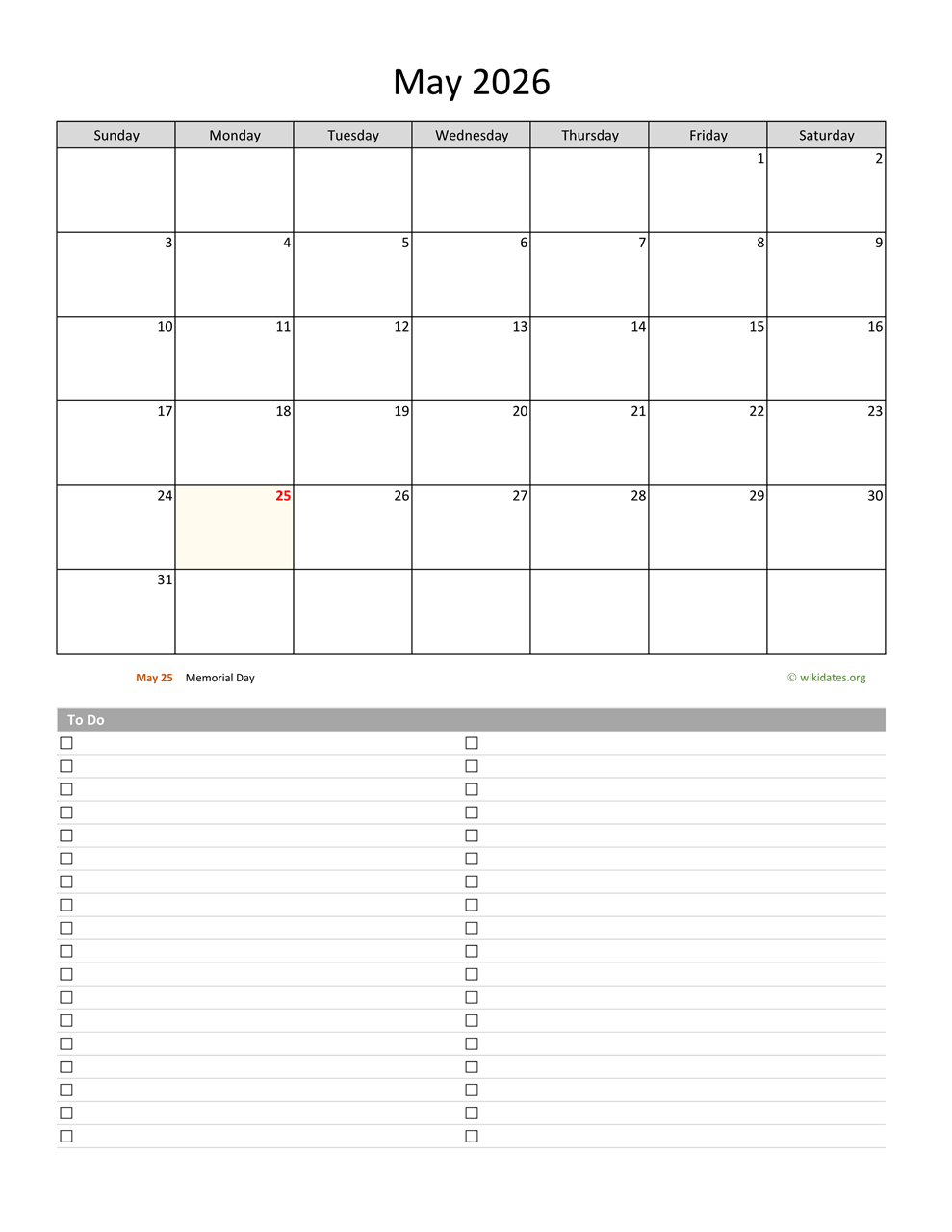 May 2026 Calendar Excel