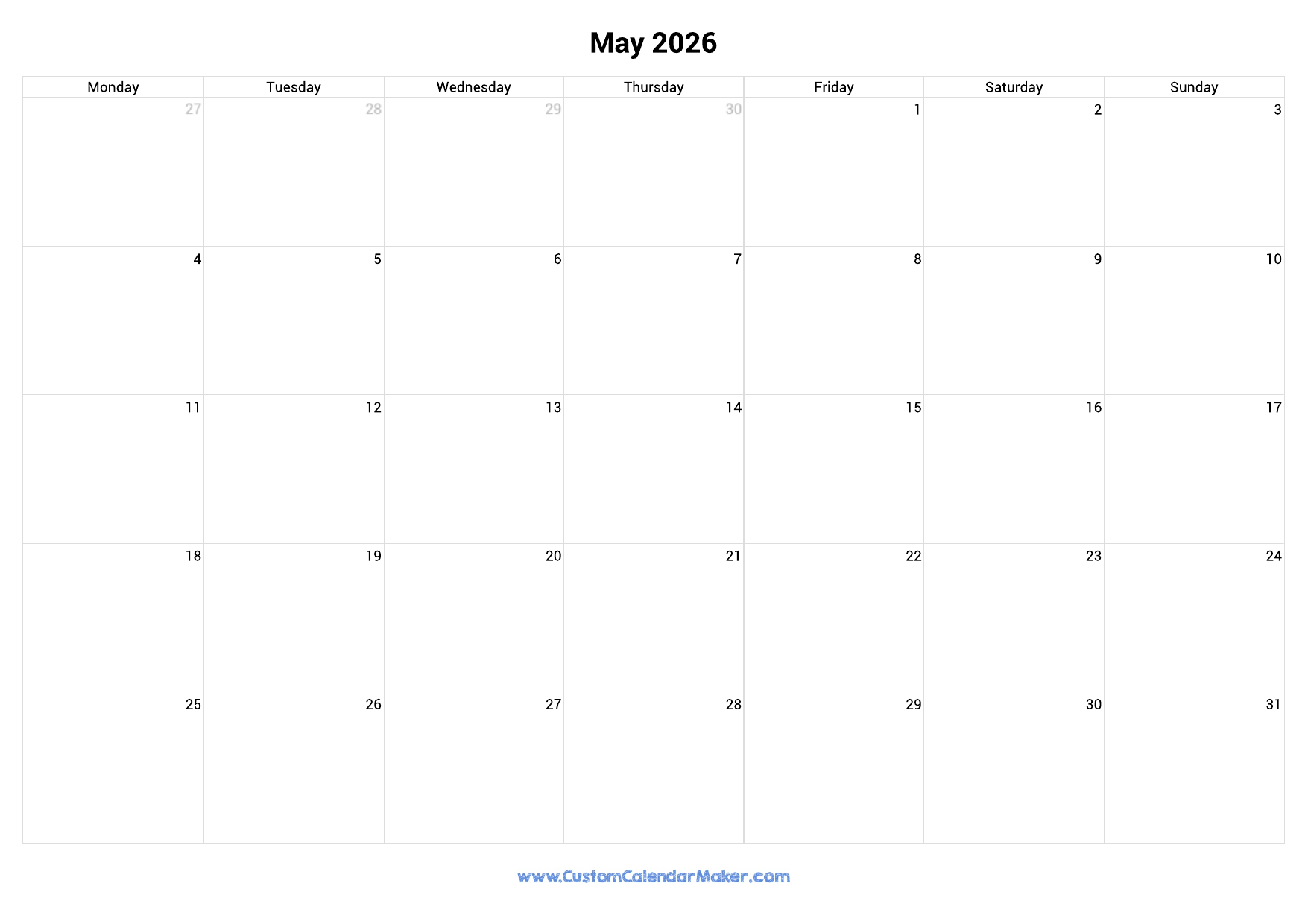 May 2026 Calendar Monday Start