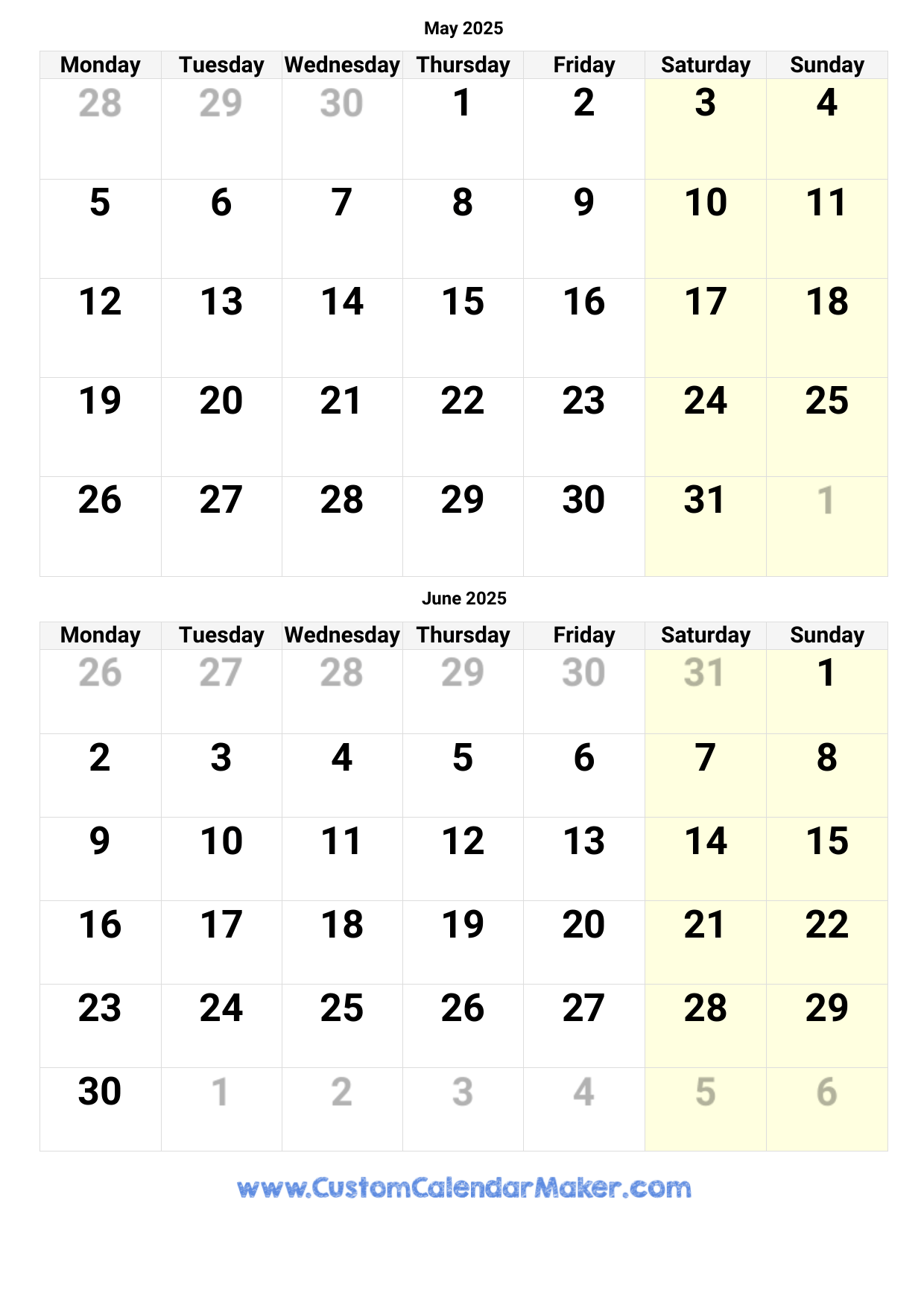 Calendar May June 2025