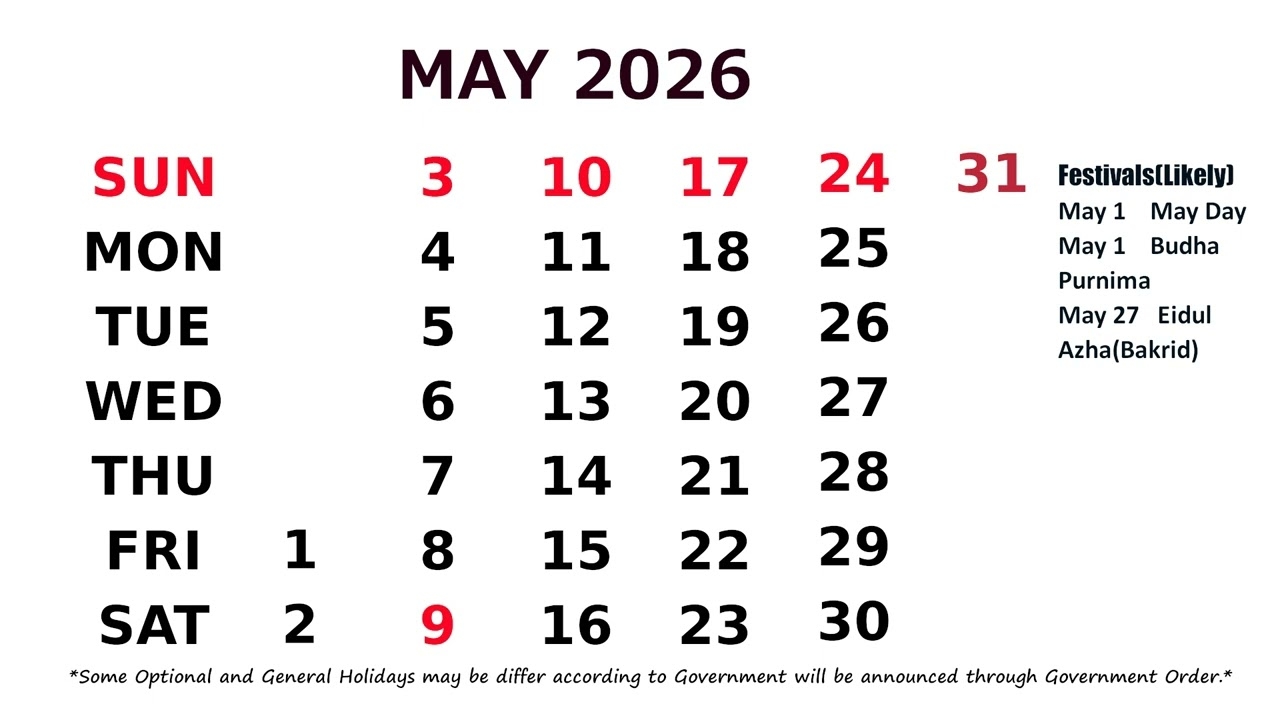 May Calendar 2026 YouTube