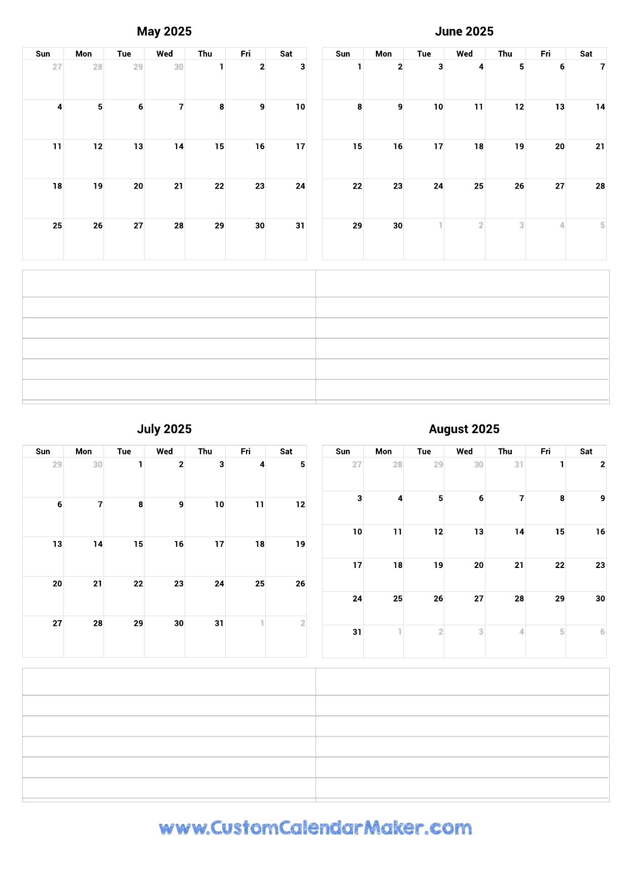 May To August 2025 Calendar