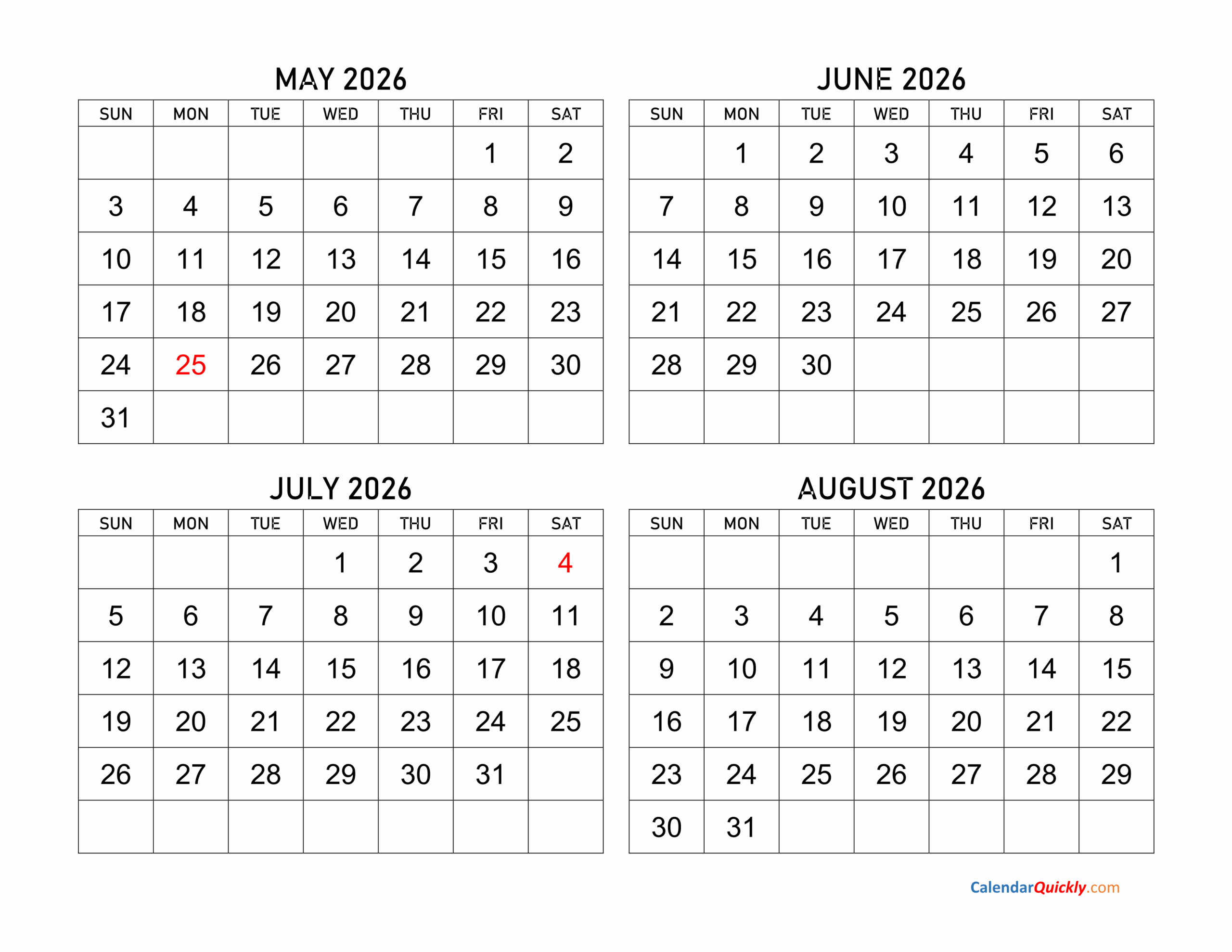 Calendar 2026 May June July