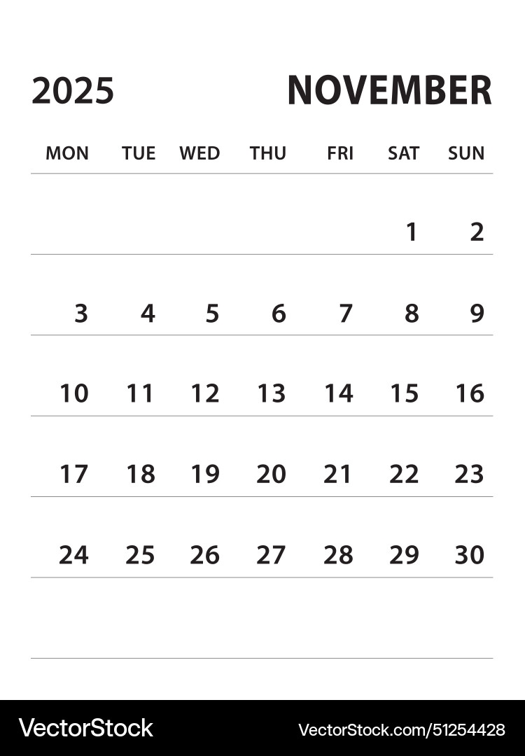 November 2025 calendar 2025 Template Royalty Free Vector