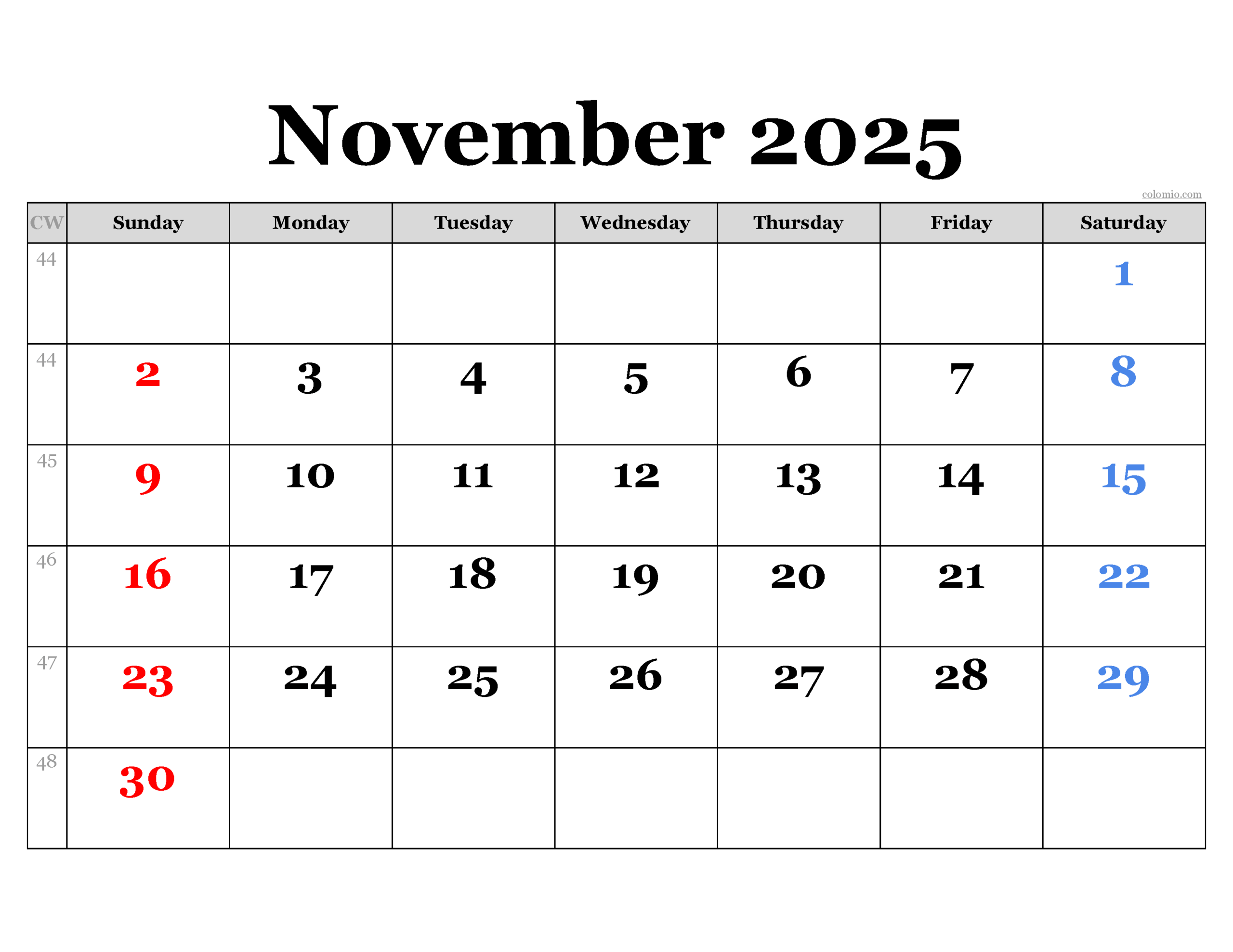 November Calendar Of 2025