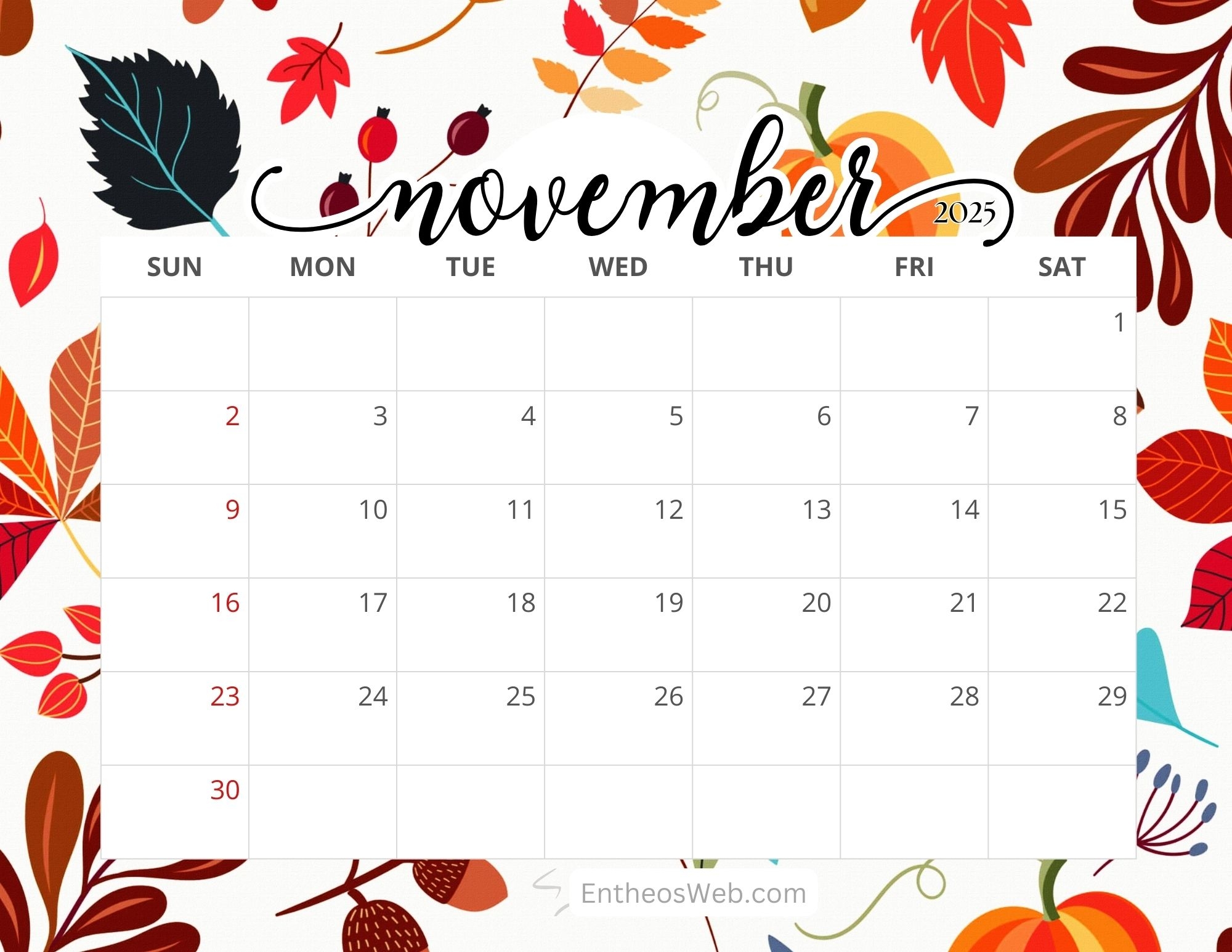Free Printable November 2025 Calendar