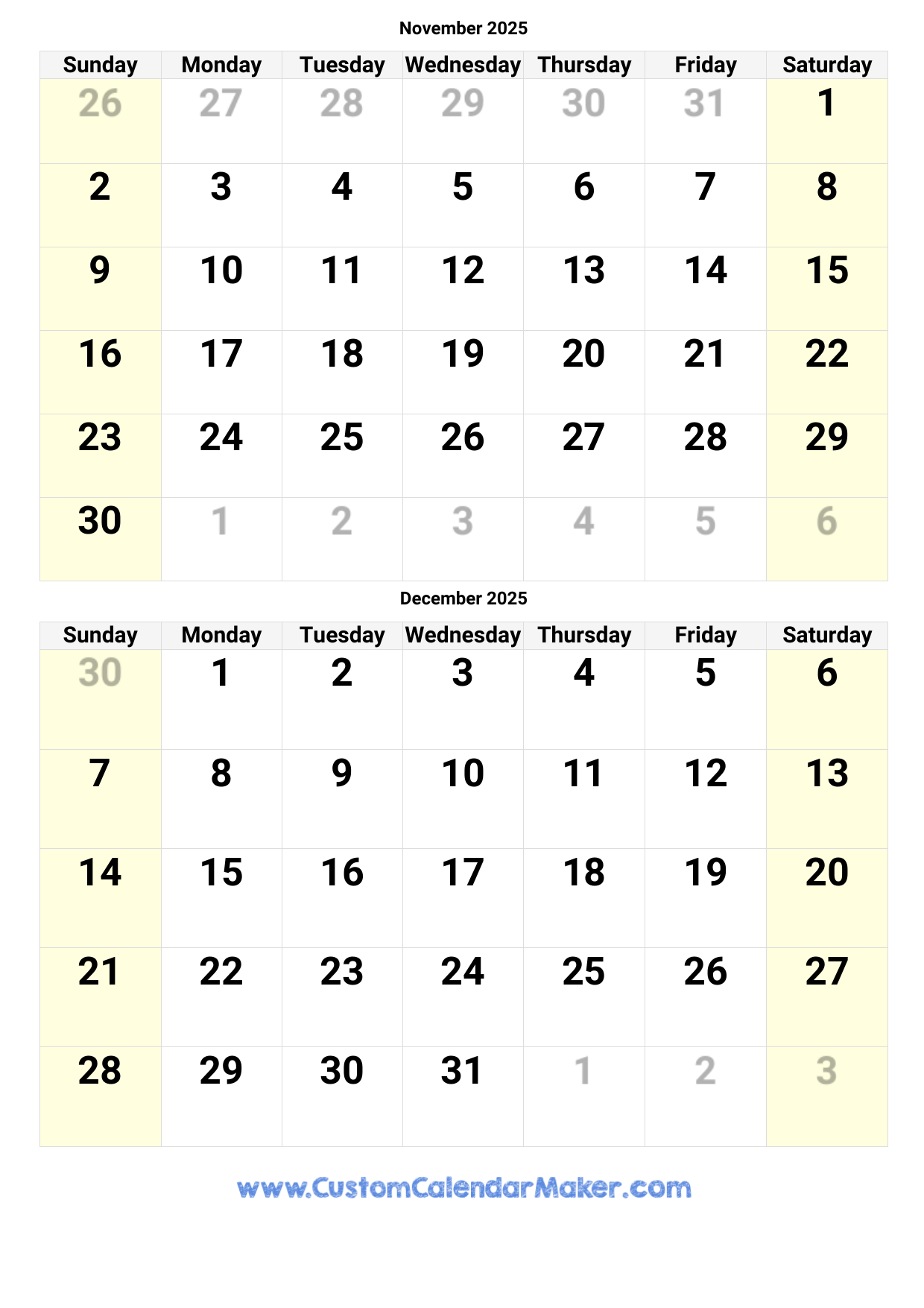 November December Calendar 2025