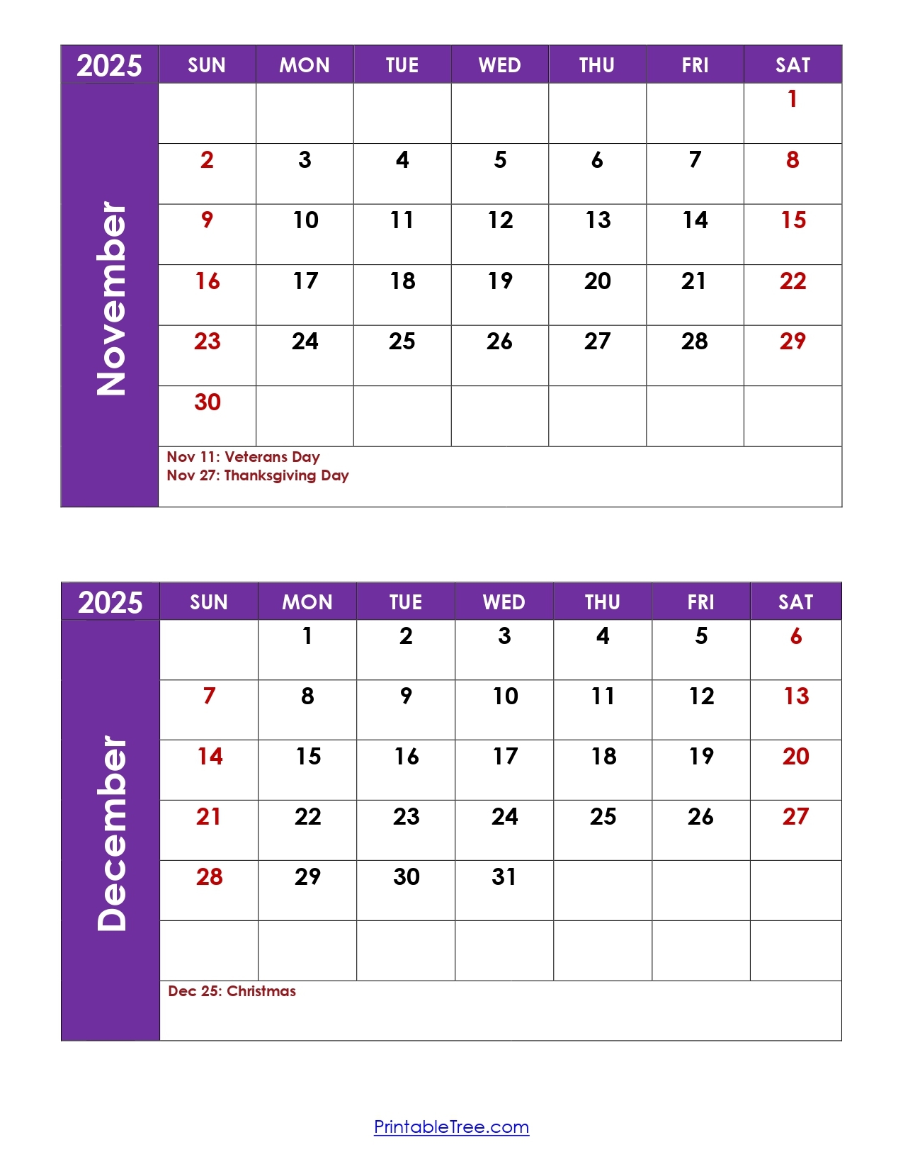 November And December 2025 Calendar Printable