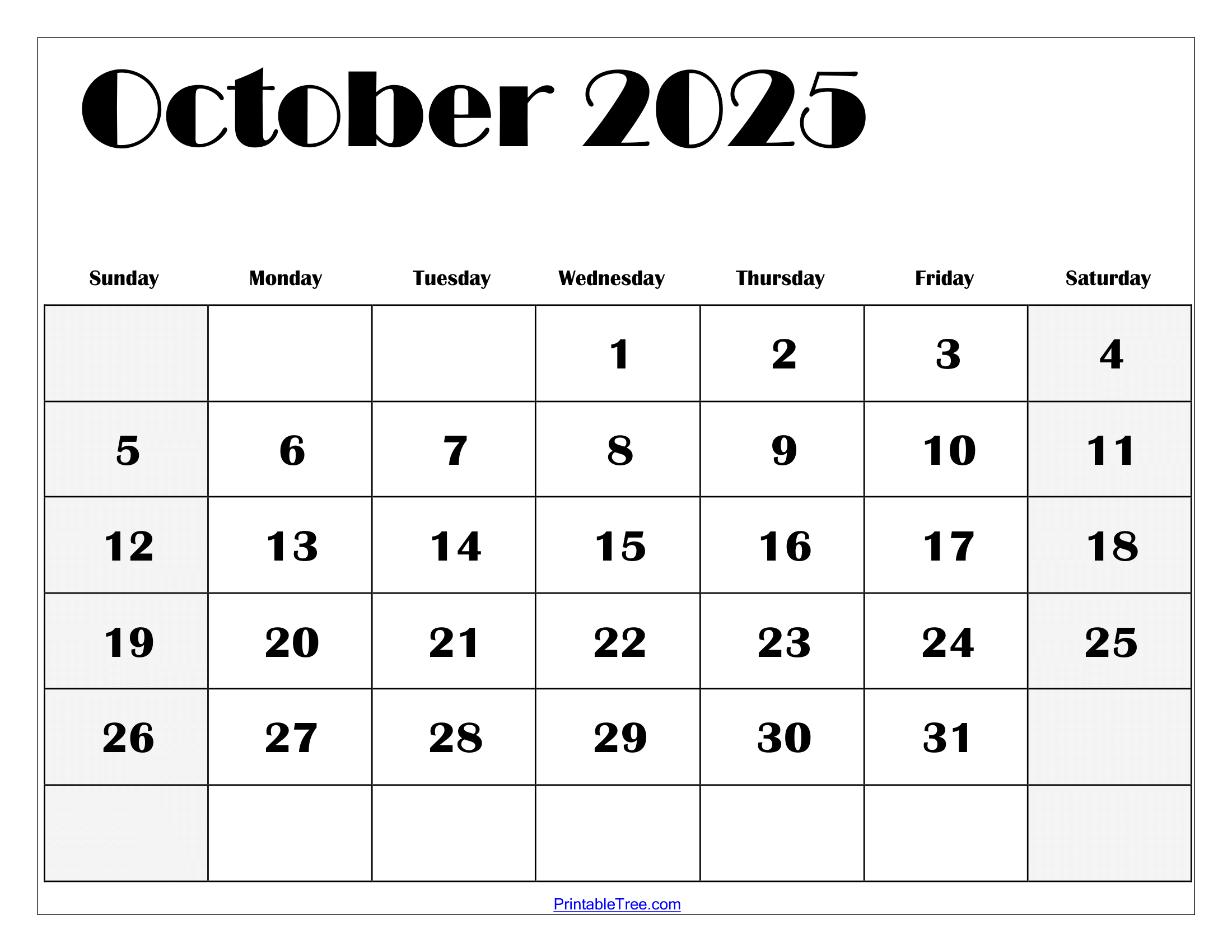 Blank October 2025 Calendar Printable Pdf