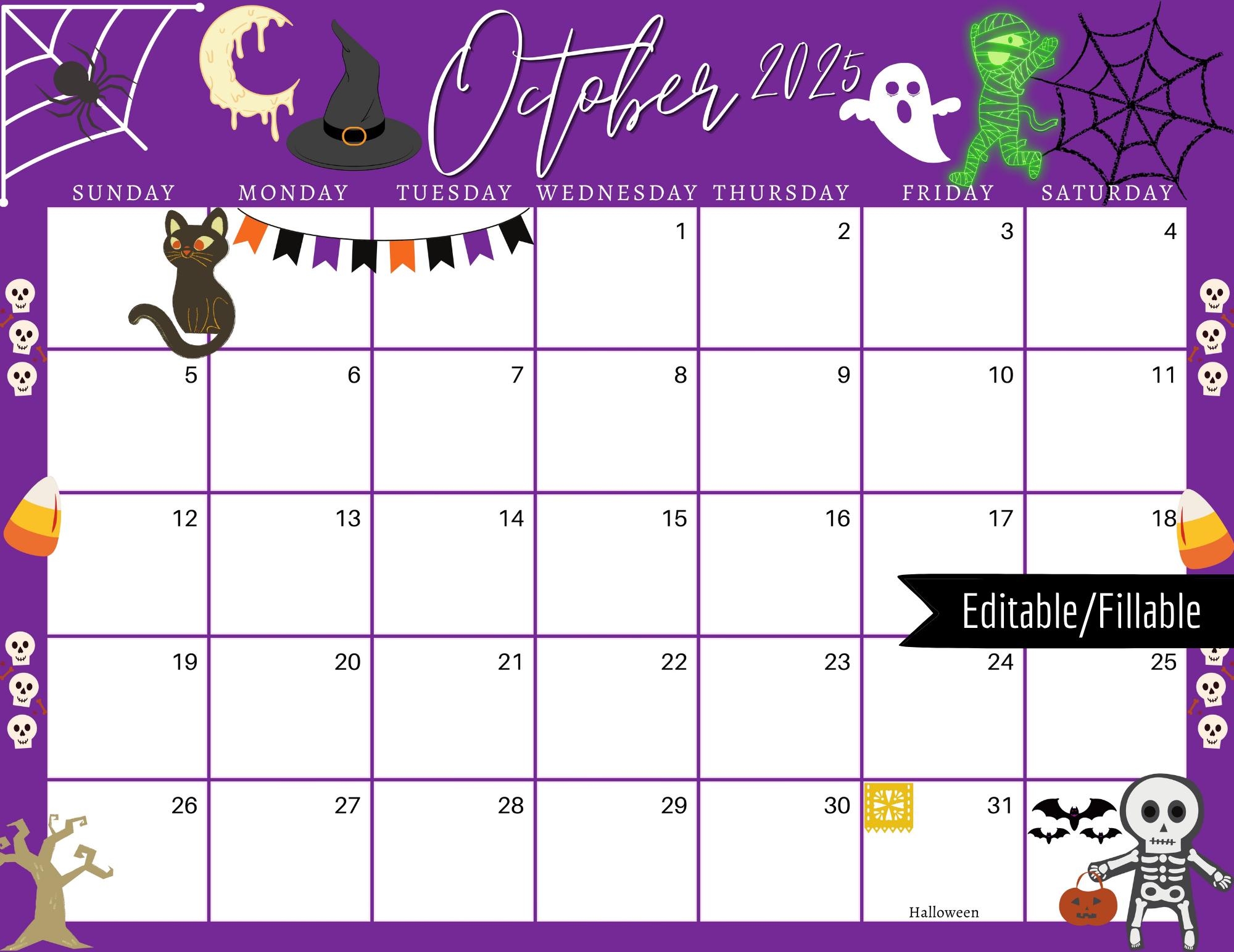 October 2025 Digital Calendar Purple Halloween Planner Editable Fillable Printable Calendar For Planning PDF PNG And JPG Download Etsy Finland