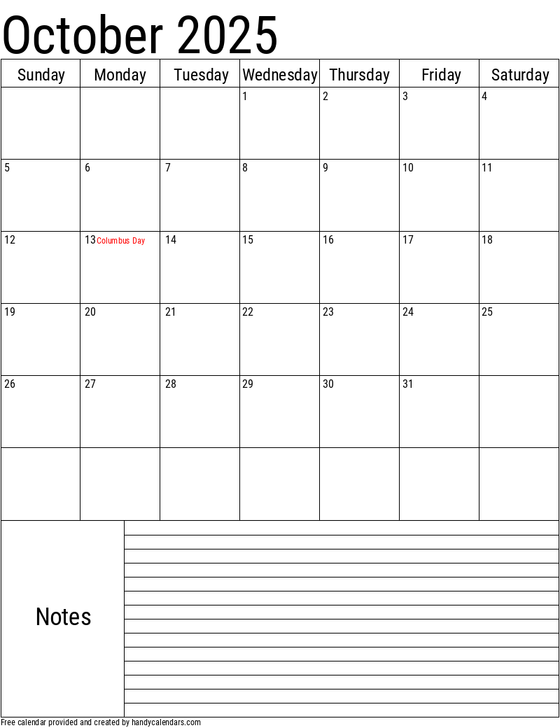 October 2025 Vertical Calendar With Notes And Holidays Handy Calendars