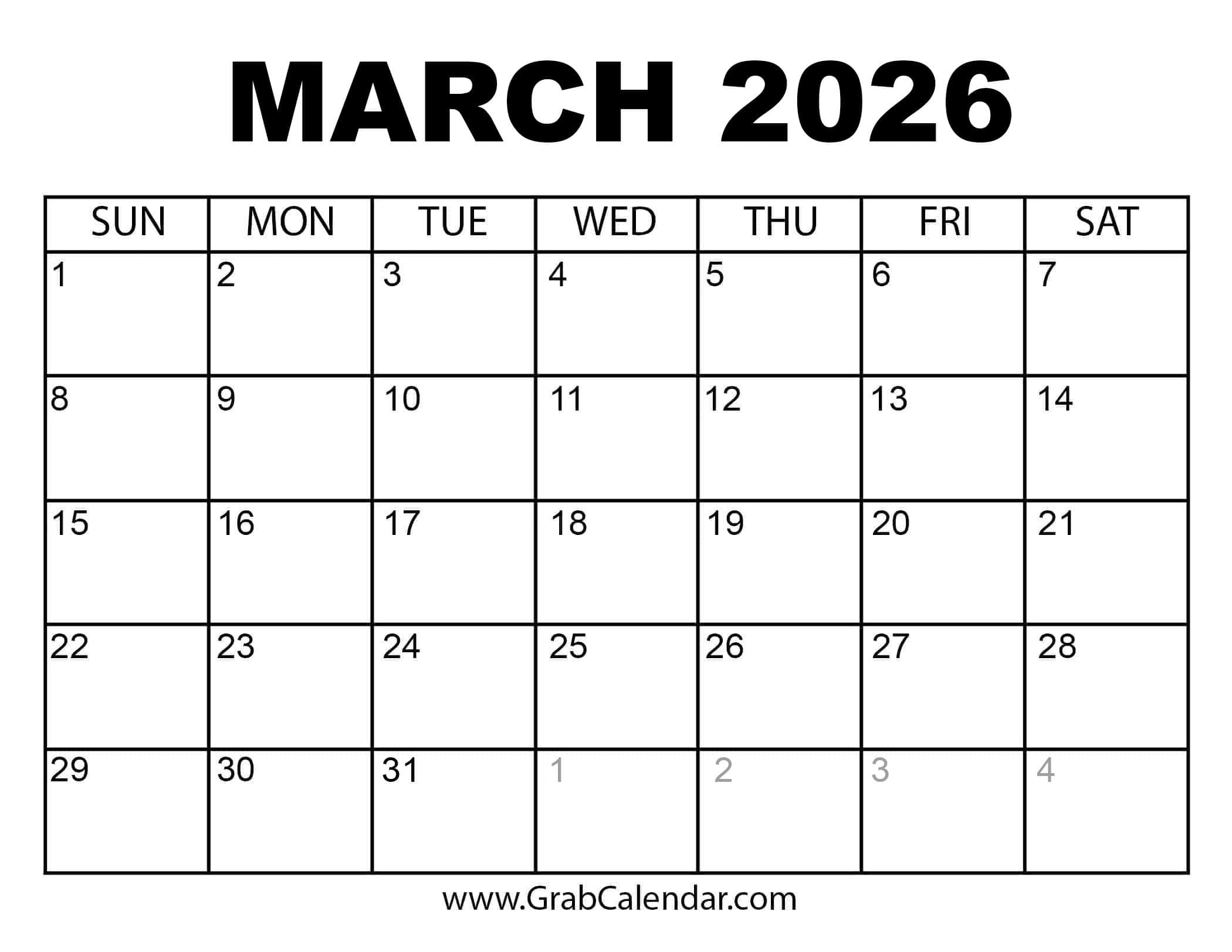 Calendar February March 2026